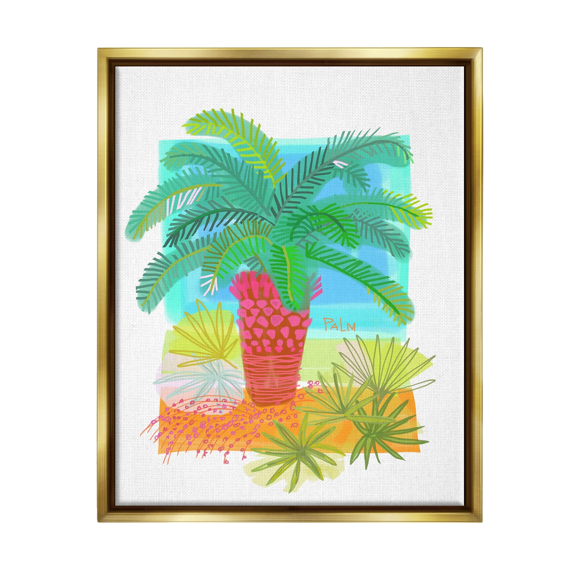 Stupell Industries Tropical Palm Plant Leaves Whimsical Summer Botanicals Graphic Art Metallic Gold Floating Framed Canvas Print Wall Art, Design by unknown