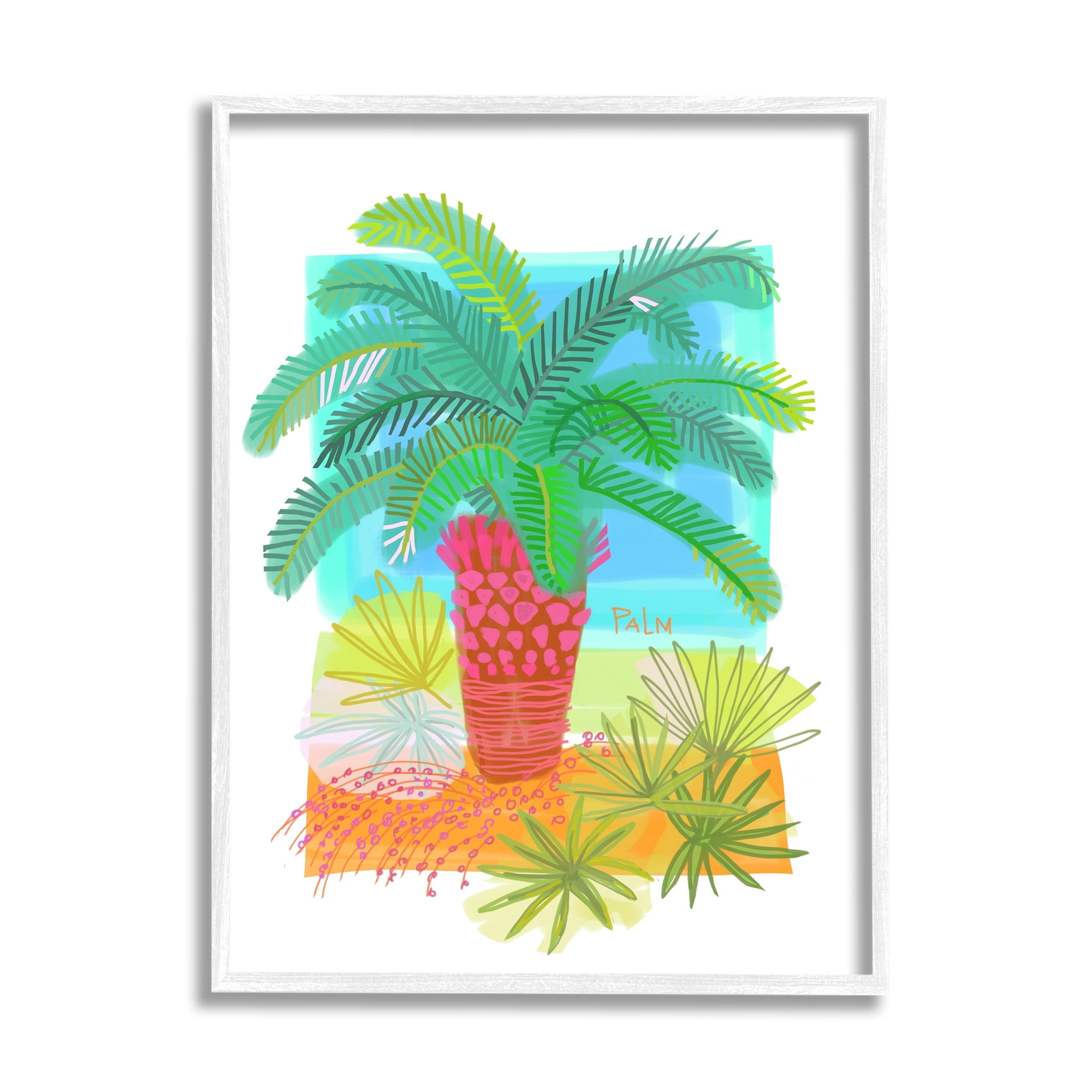 Stupell Industries Tropical Palm Plant Leaves Whimsical Summer Botanicals Graphic Art White Framed Art Print Wall Art, Design by unknown