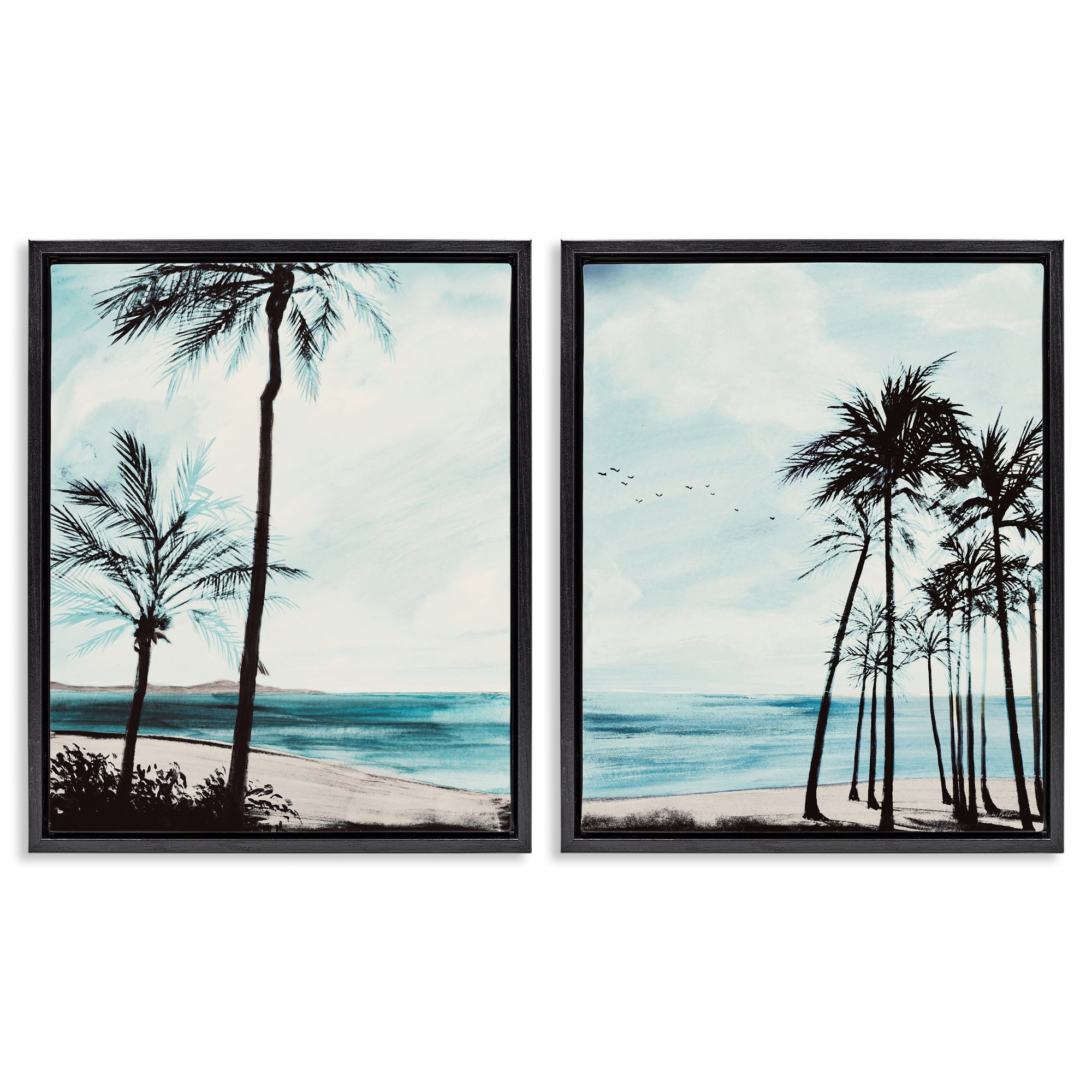 Stupell Industries Tropical Palm Seaview Landscape & Nature Painting Black Floater Framed Canvas Art Print Wall Art, 17 x 21, Set of 2