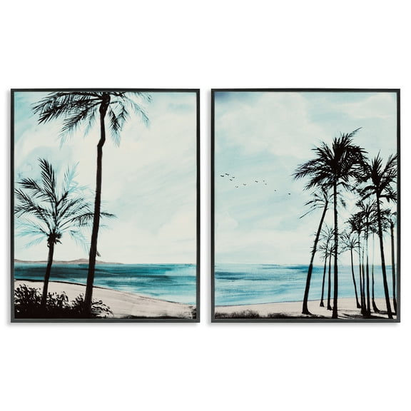 Stupell Industries Tropical Palm Seaview Landscape & Nature Painting Black Framed Art Print Wall Art, 11 x 14, Set of 2