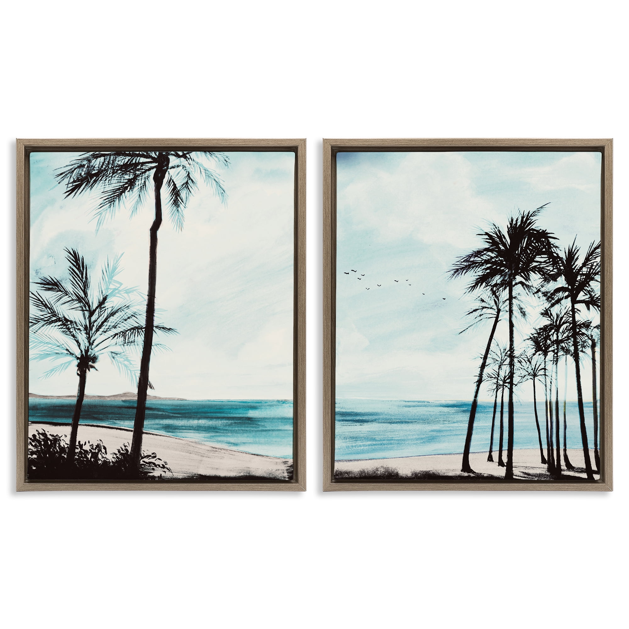 Stupell Industries Tropical Palm Seaview Landscape & Nature Painting Brown Floater Framed Canvas Art Print Wall Art, 31 x 25, Set of 2