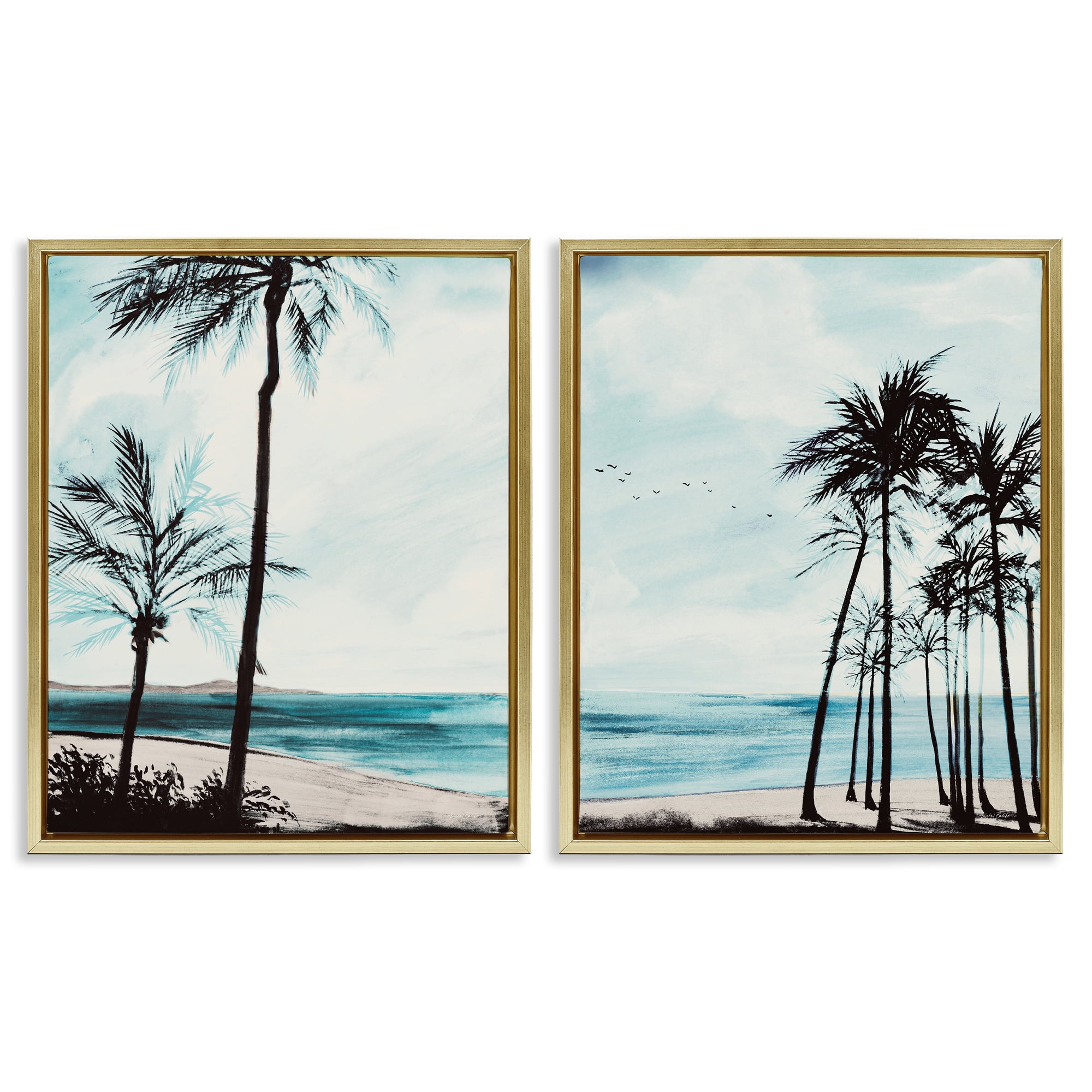 Stupell Industries Tropical Palm Seaview Landscape & Nature Painting Gold Floater Framed Canvas Art Print Wall Art, 31 x 25, Set of 2