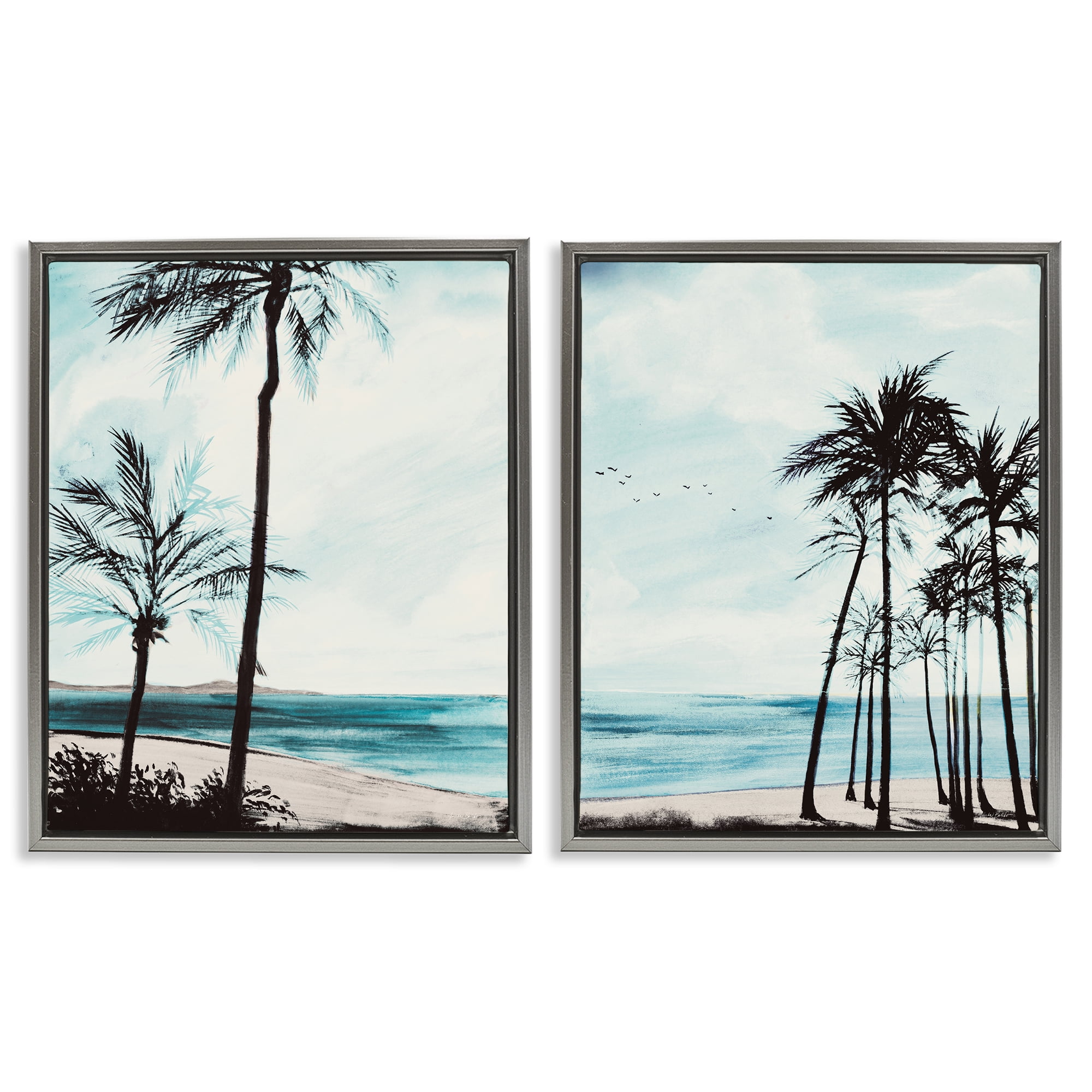 Stupell Industries Tropical Palm Seaview Landscape & Nature Painting Gray Floater Framed Canvas Art Print Wall Art, 17 x 21, Set of 2