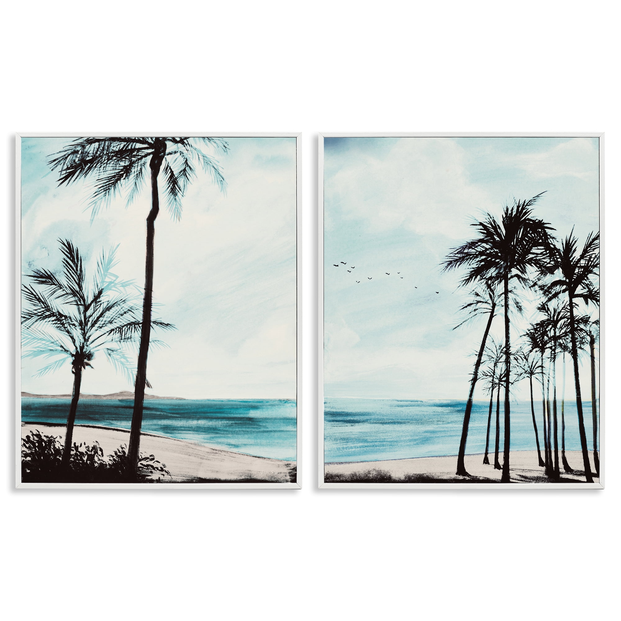 Stupell Industries Tropical Palm Seaview Landscape & Nature Painting White Framed Art Print Wall Art, 24 x 30, Set of 2