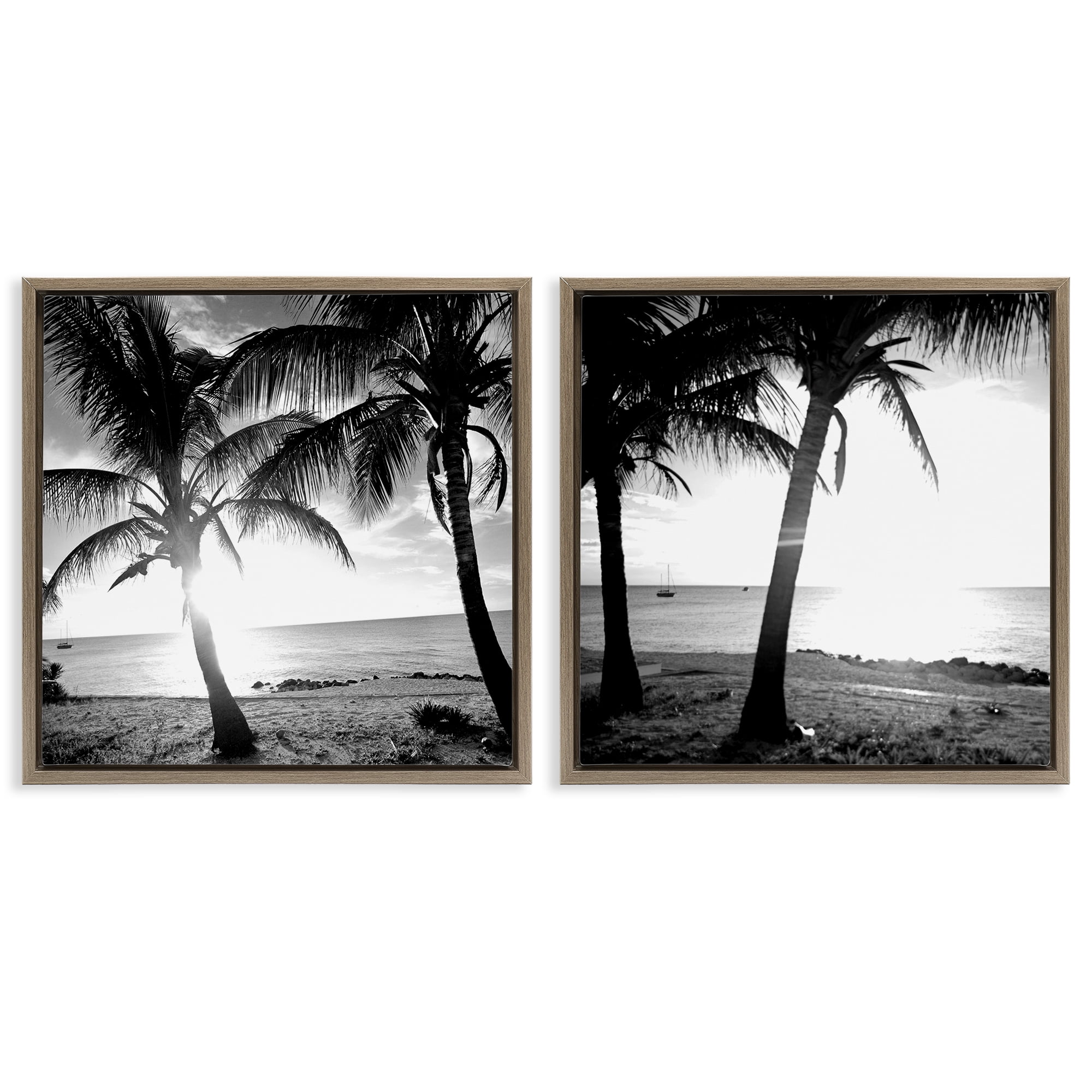 Stupell Industries Tropical Palm Sunset Landscape & Nature Photography Brown Floater Framed Canvas Art Print Wall Art, 18 x 18, Set of 2