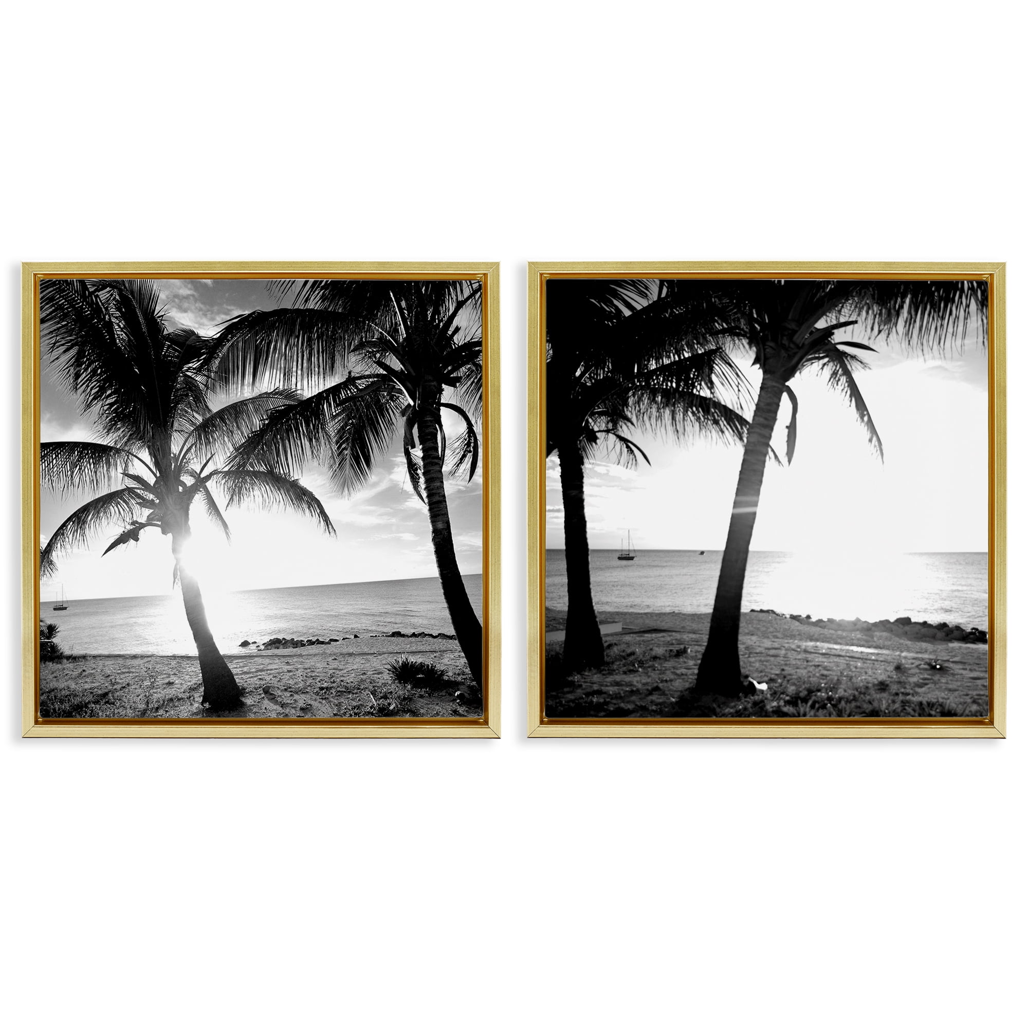 Stupell Industries Tropical Palm Sunset Landscape & Nature Photography Gold Floater Framed Canvas Art Print Wall Art, 18 x 18, Set of 2