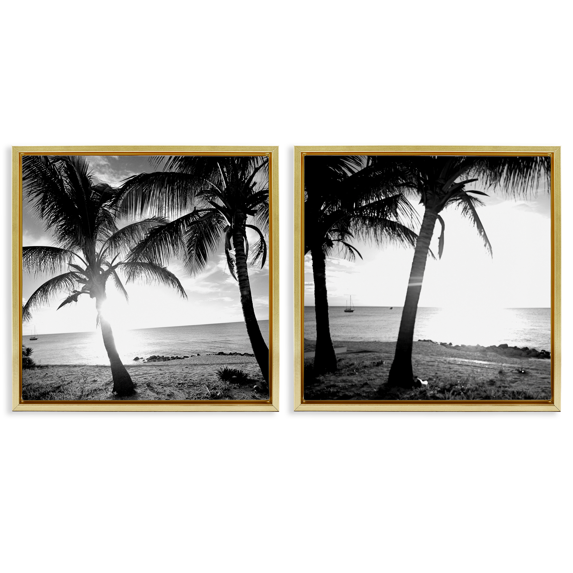 Stupell Industries Tropical Palm Sunset Landscape & Nature Photography Gold Floater Framed Canvas Art Print Wall Art, 25 x 25, Set of 2