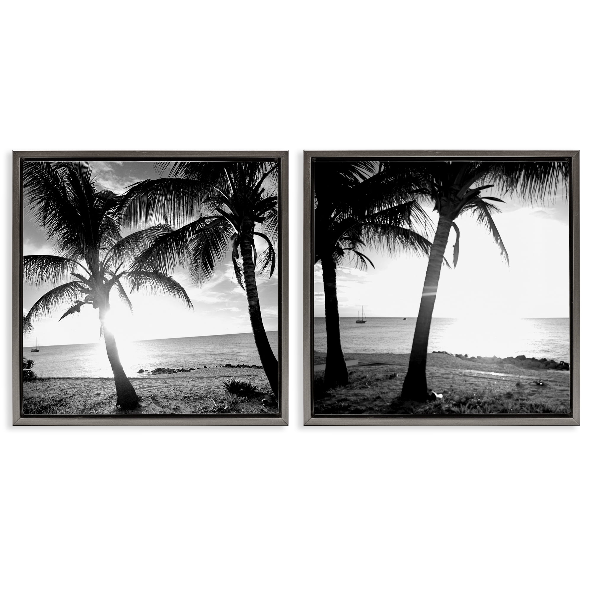 Stupell Industries Tropical Palm Sunset Landscape & Nature Photography Gray Floater Framed Canvas Art Print Wall Art, 25 x 25, Set of 2
