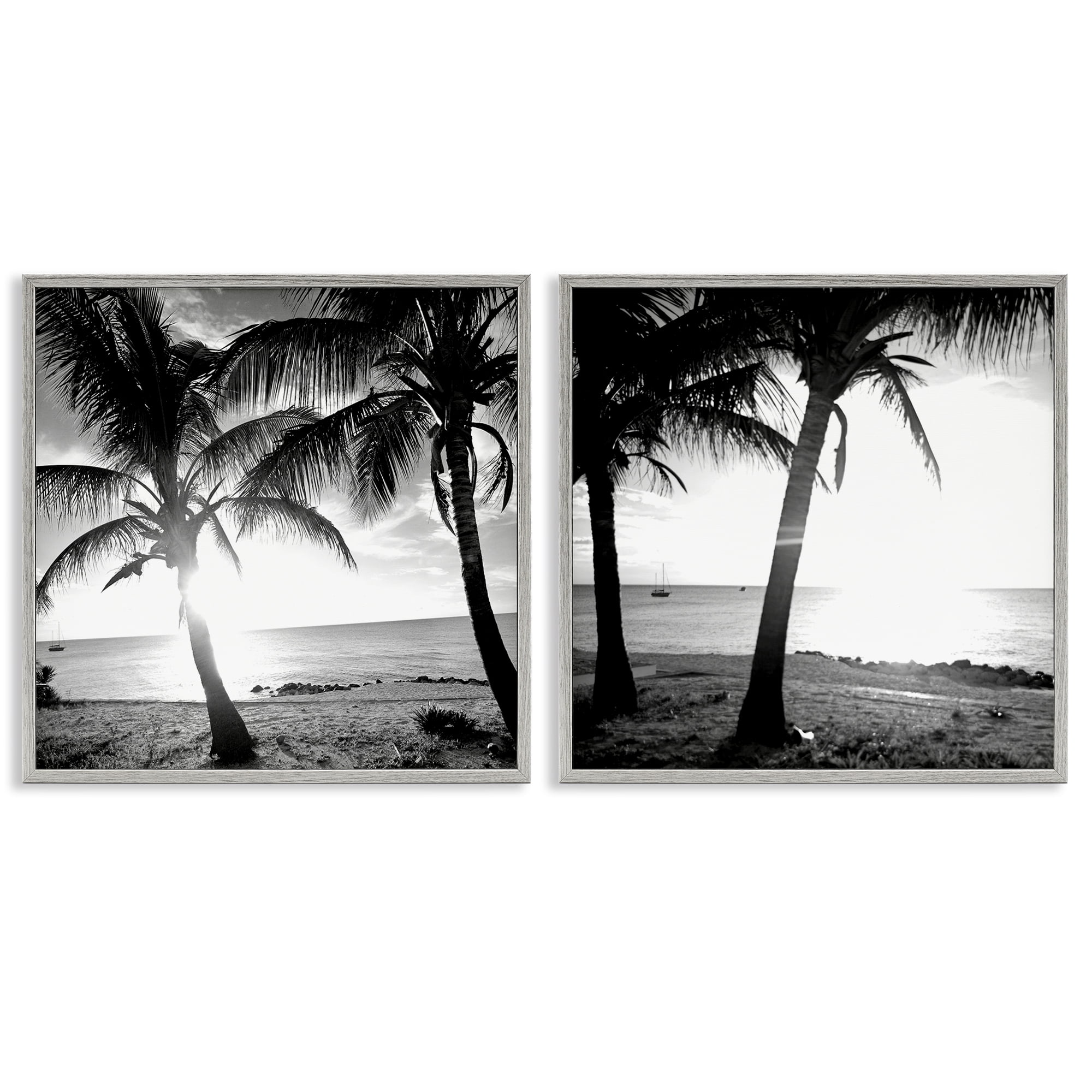 Stupell Industries Tropical Palm Sunset Landscape & Nature Photography Gray Framed Art Print Wall Art, 24 x 24, Set of 2