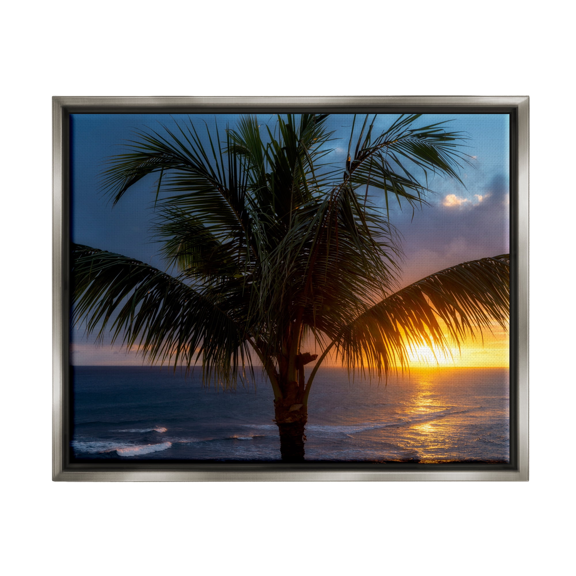 Stupell Industries Tropical Palm Sunset Nature Photography Gray Floater Framed Art Print Wall Art, 21 x 17