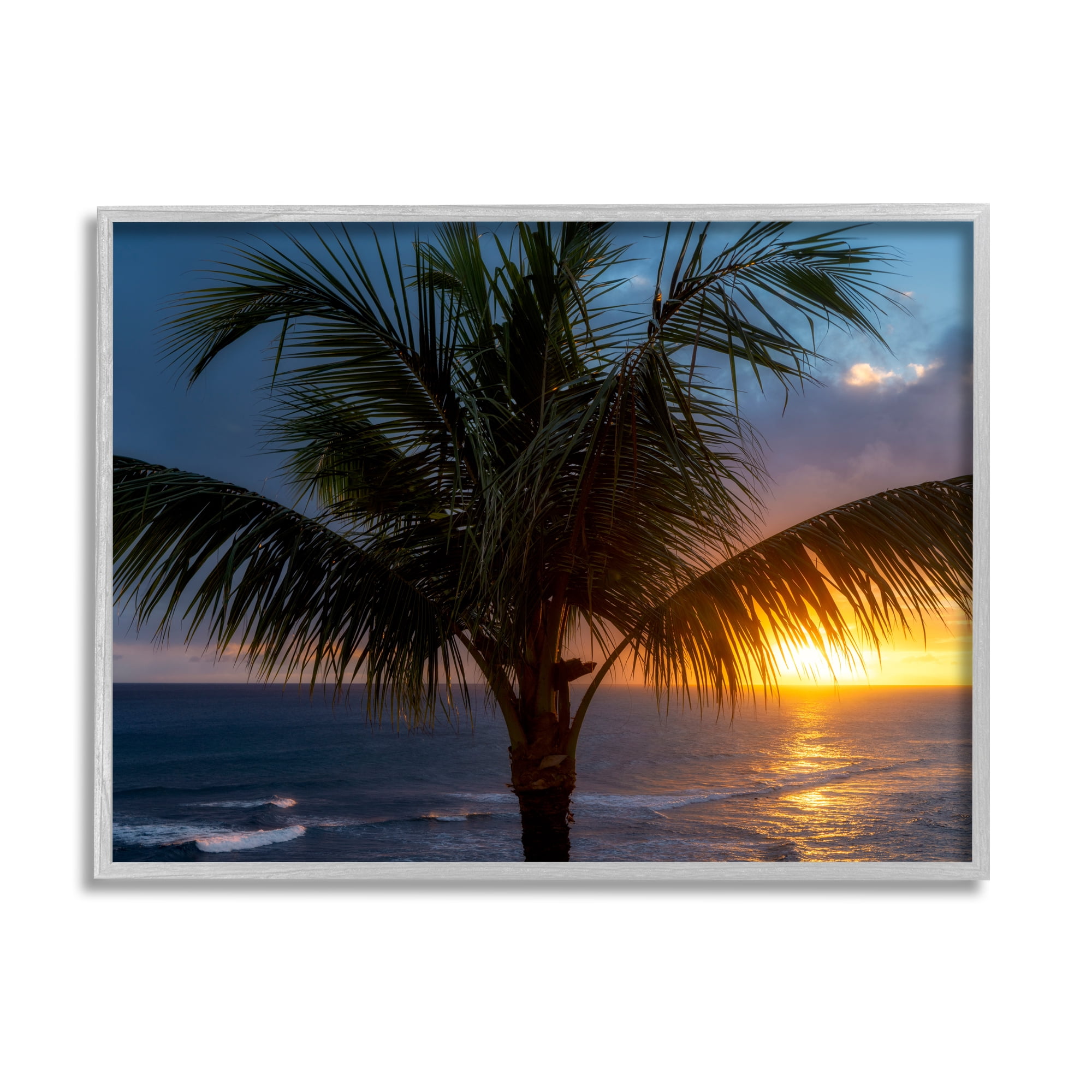 Stupell Industries Tropical Palm Sunset Nature Photography Gray Framed Art Print Wall Art, 14 x 11