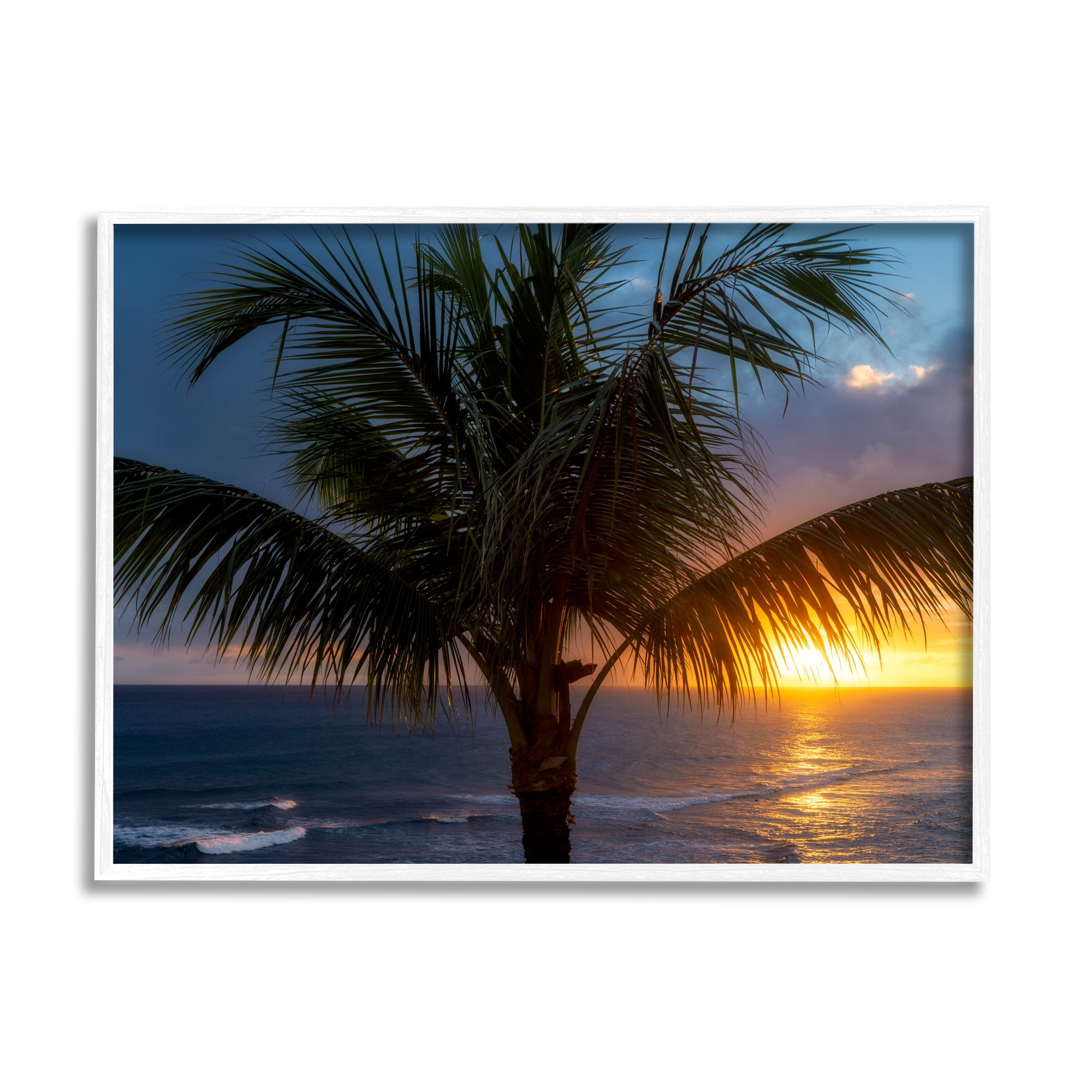 Tropical Palm Sunset White Framed Canvas Print, 14 x 11