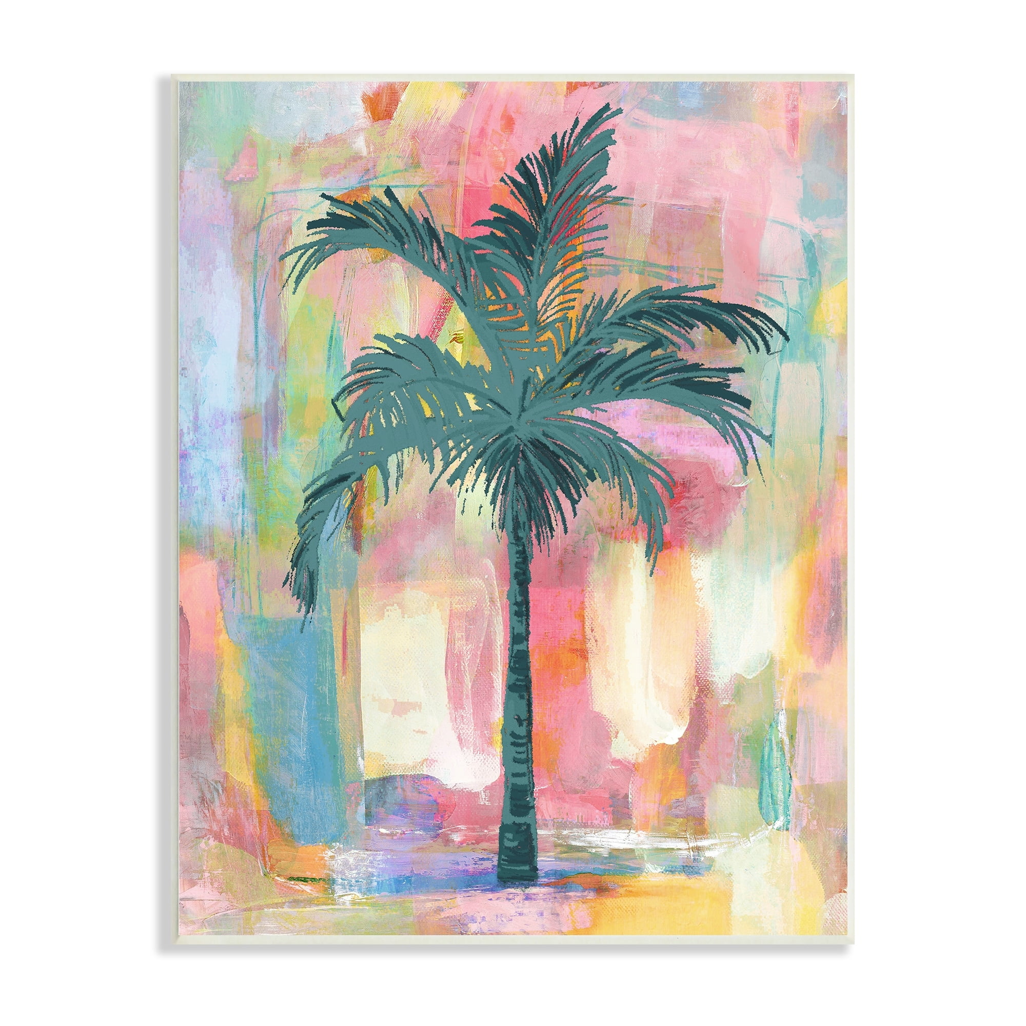 Tropical Palm Tree Abstract Pink and Yellow Wood Wall Art