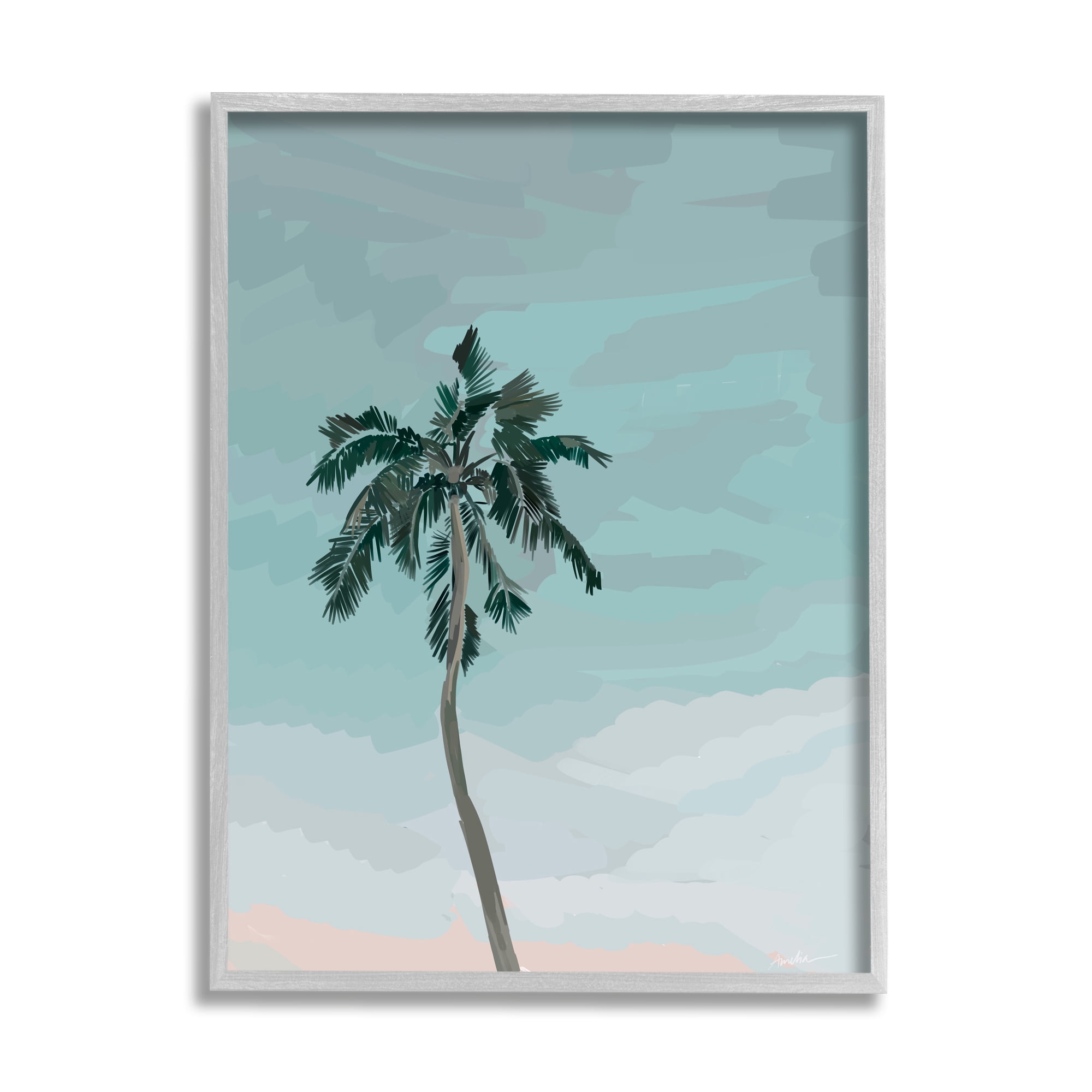 Stupell Industries Tropical Palm Tree Sky Botanical & Floral Painting Gray Framed Art Print Wall Art, 11 x 14
