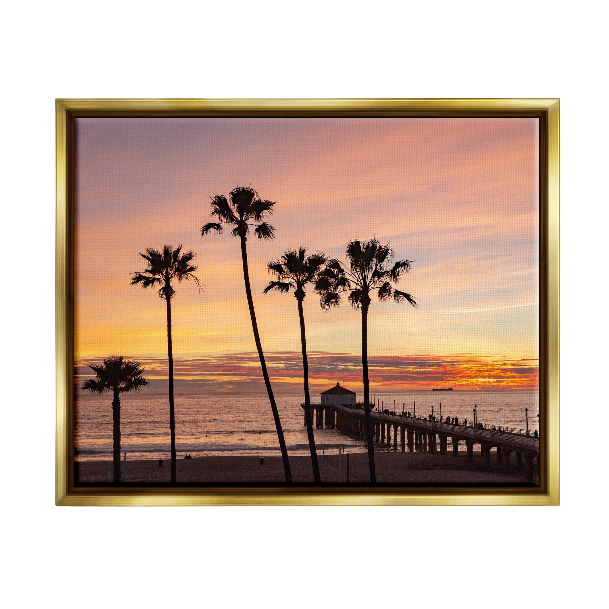 Stupell Industries Tropical Palm Tree Sunset Summer Pier Docks Photograph Metallic Gold Floating Framed Canvas Print Wall Art, Design by Jeff Poe Photography