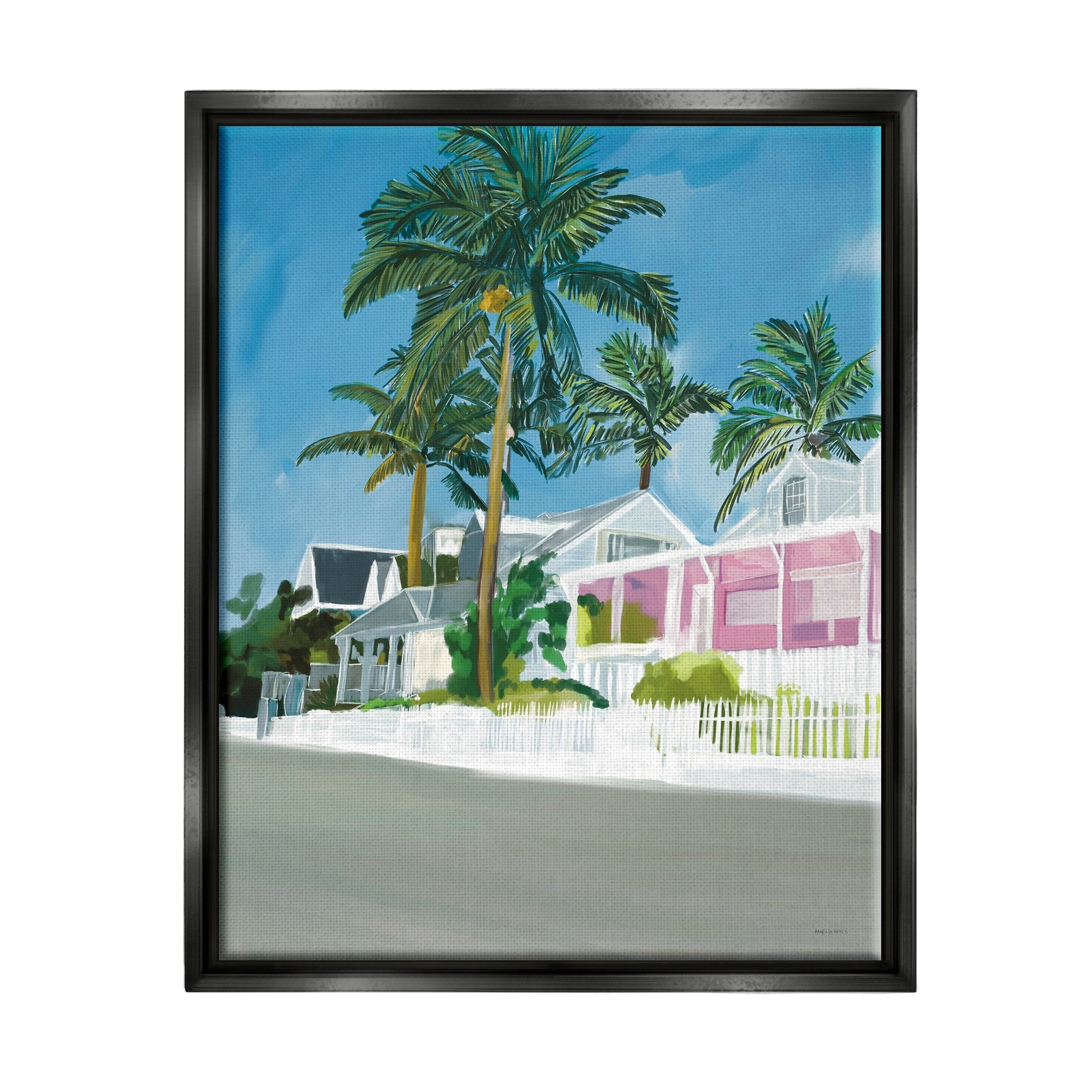 Stupell Industries Tropical Palm Trees Summer Vacation Resort Houses Graphic Art Jet Black Floating Framed Canvas Print Wall Art, Design by Amelia Noyes
