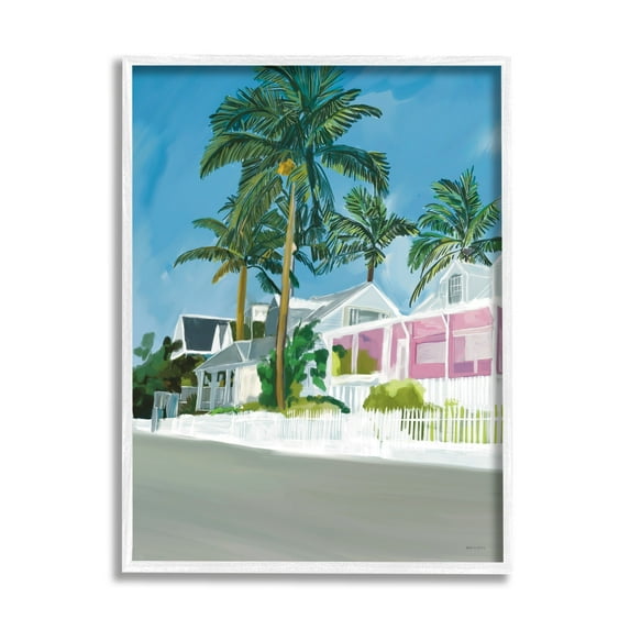 Stupell Industries Tropical Palm Trees Summer Vacation Resort Houses Graphic Art White Framed Art Print Wall Art, Design by Amelia Noyes
