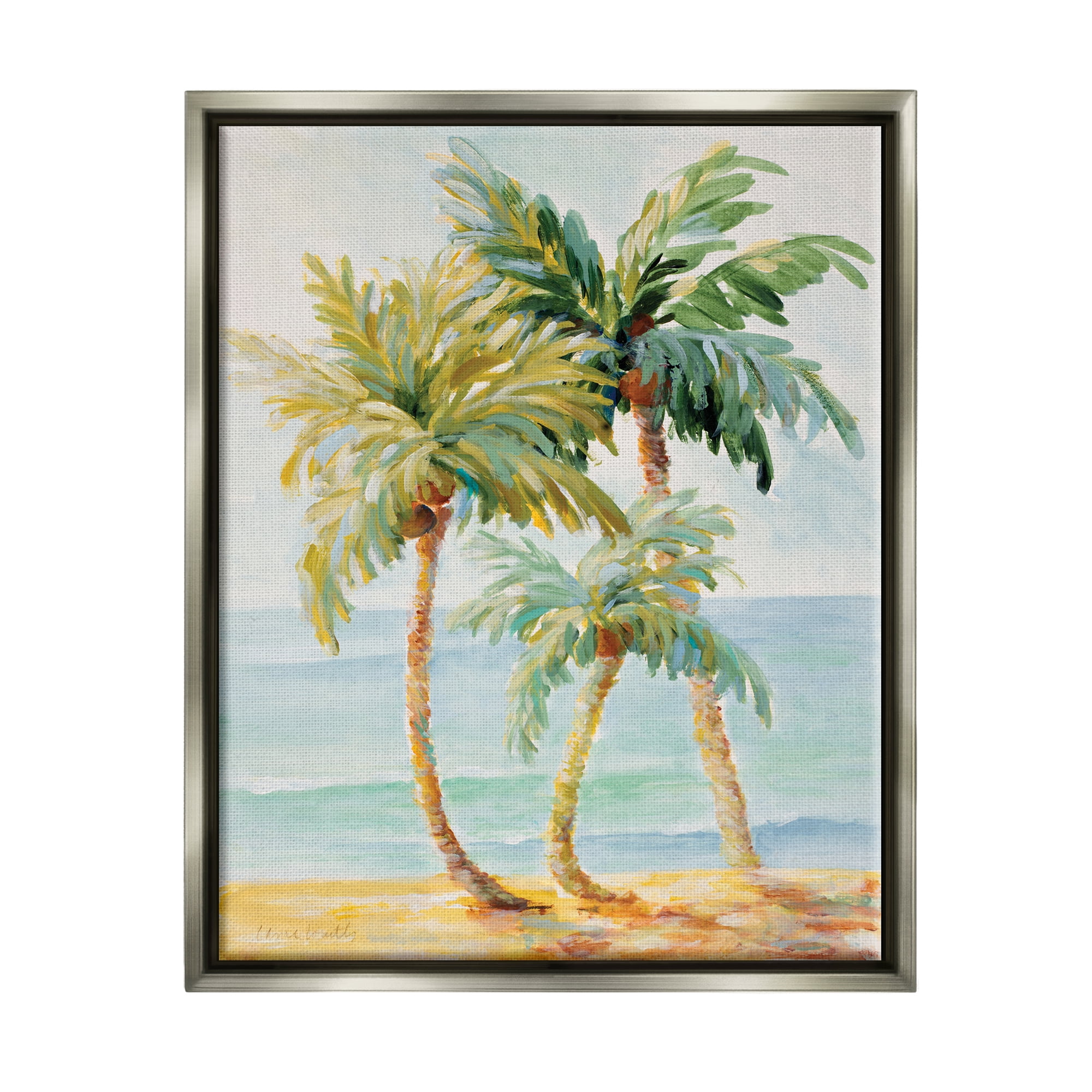 Stupell Industries Tropical Palm Trees on Coastal Beach Sand Luster Gray Framed Floating Canvas Wall Art, 16x20, by Lanie Loreth
