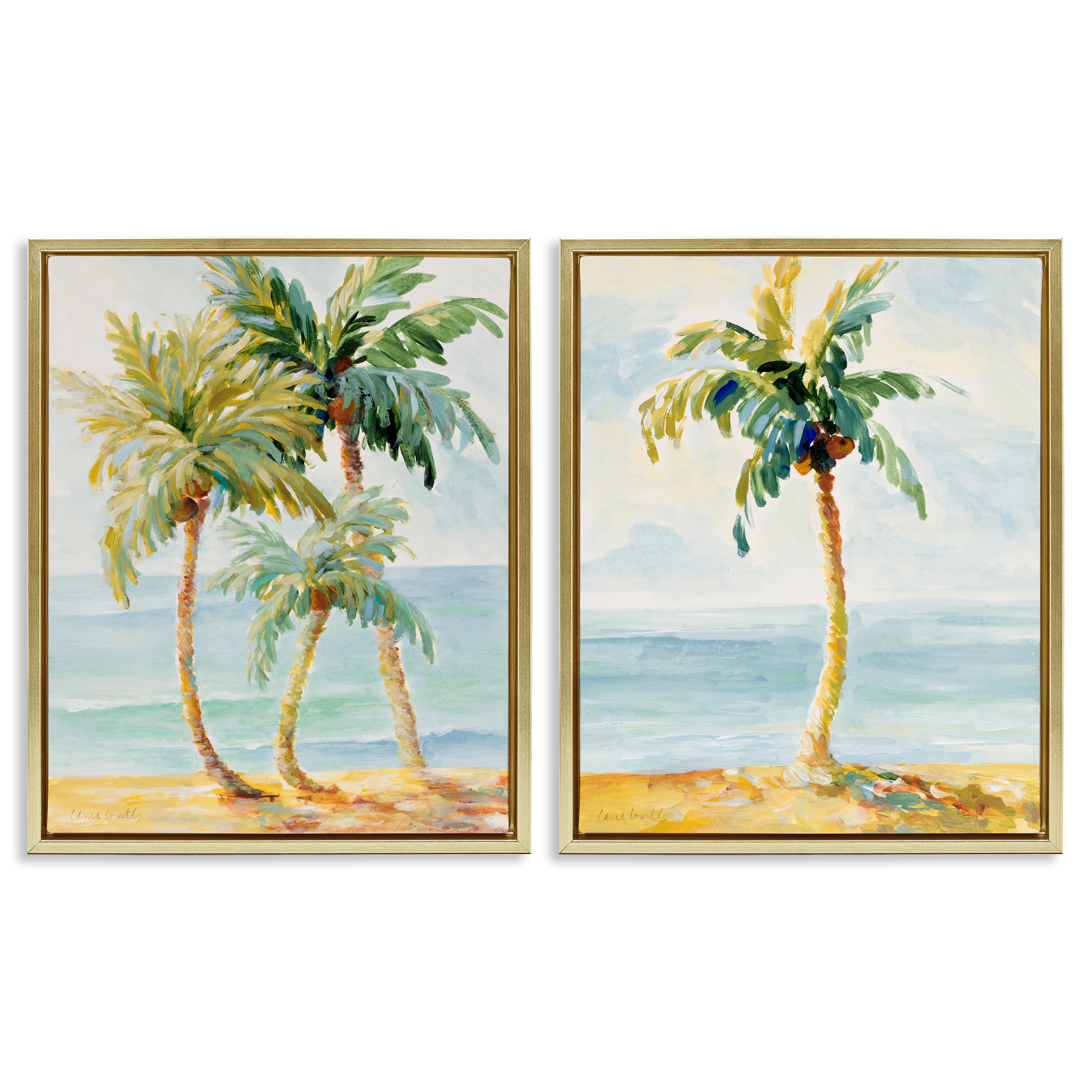 Stupell Industries Tropical Palms Calm Ocean Landscape & Nature Painting Gold Floater Framed Canvas Art Print Wall Art, 17 x 21, Set of 2
