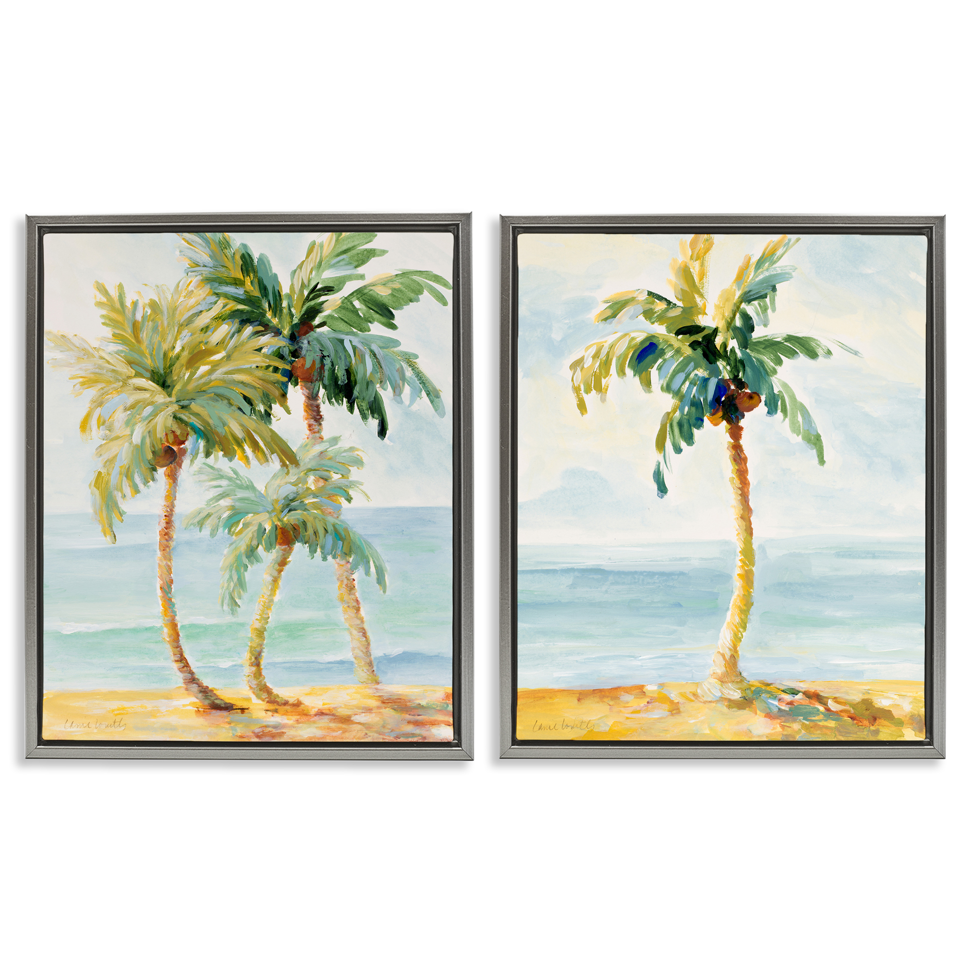 Stupell Industries Tropical Palms Calm Ocean Landscape & Nature Painting Gray Floater Framed Canvas Art Print Wall Art, 17 x 21, Set of 2