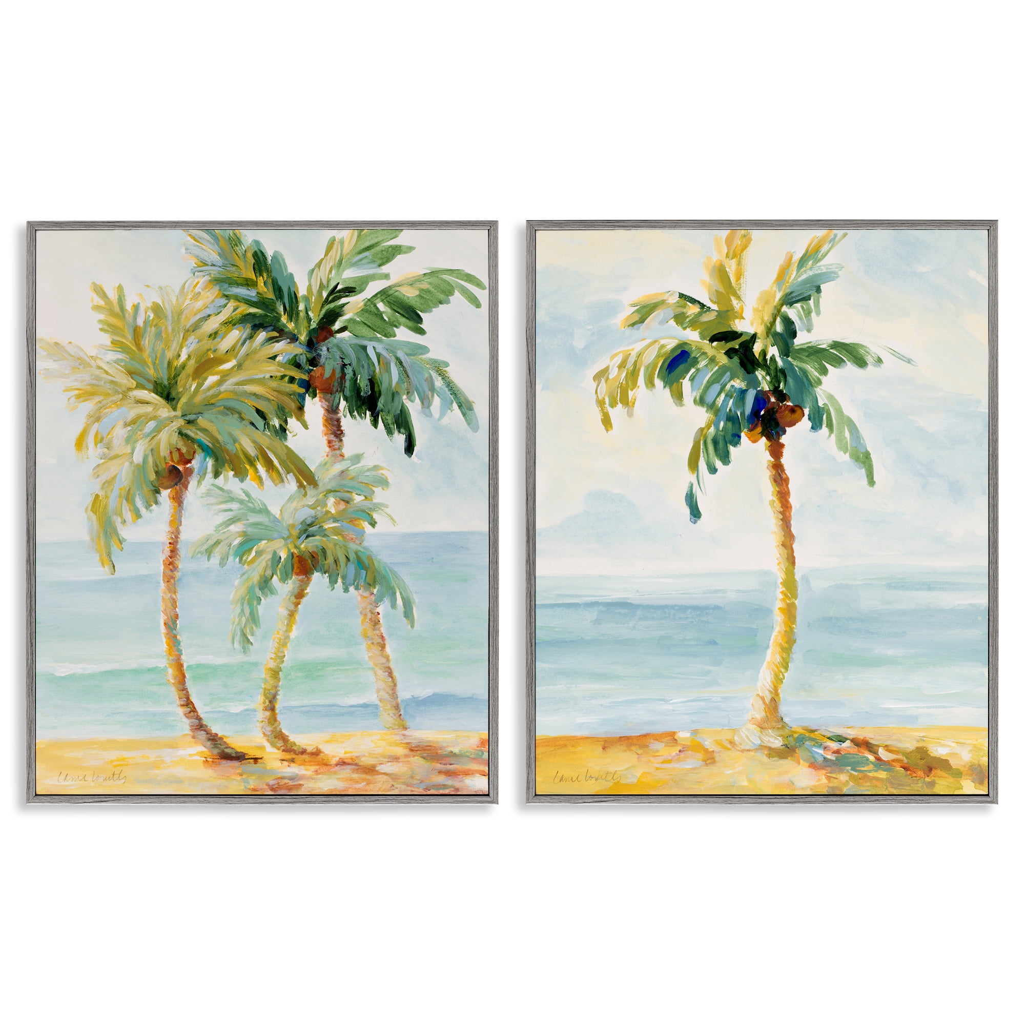 Stupell Industries Tropical Palms Calm Ocean Landscape & Nature Painting Gray Framed Art Print Wall Art, 16 x 20, Set of 2