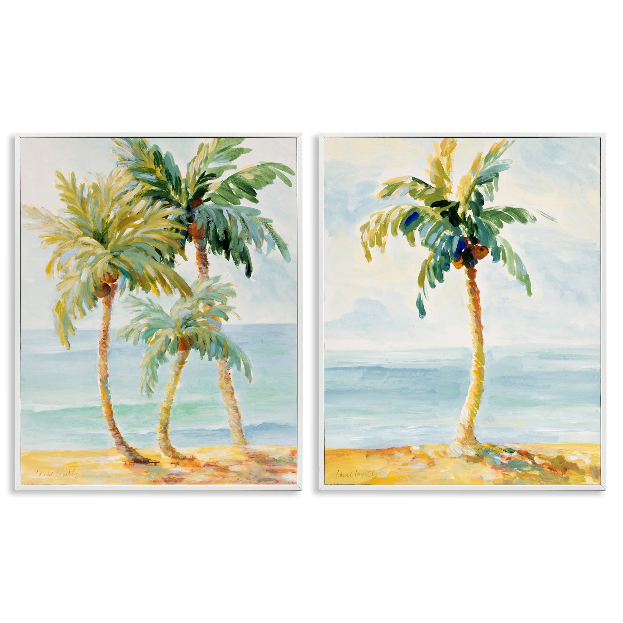 Stupell Industries Tropical Palms Calm Ocean Landscape & Nature Painting White Framed Art Print Wall Art, 11 x 14, Set of 2