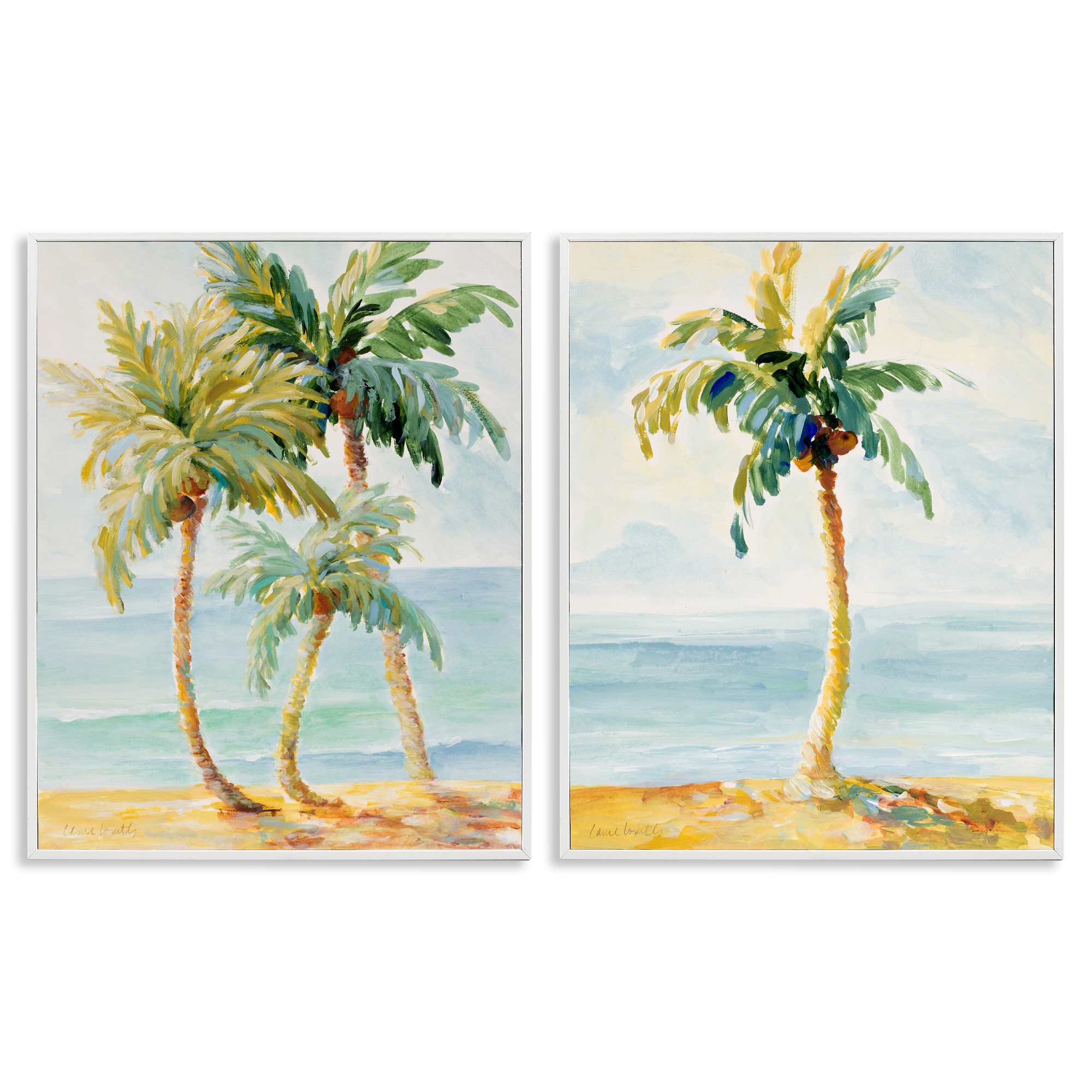 Stupell Industries Tropical Palms Calm Ocean Landscape & Nature Painting White Framed Art Print Wall Art, 24 x 30, Set of 2