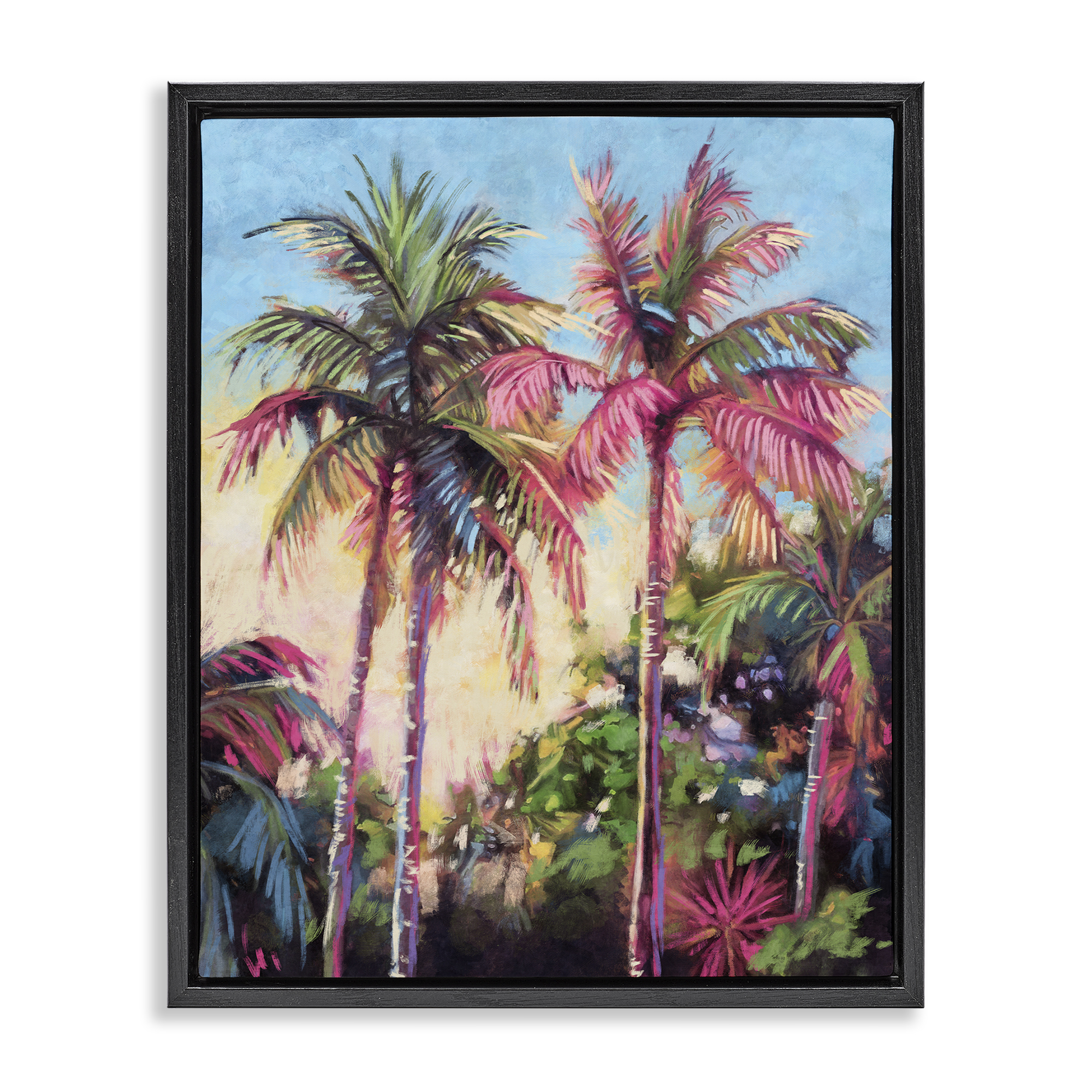 Stupell Industries Tropical Palms Pink Details Landscape & Nature Painting Black Floater Framed Canvas Art Print Wall Art, 25 x 31