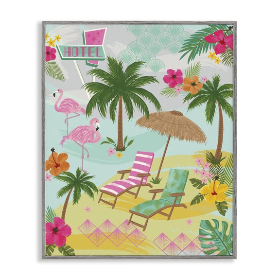 Stupell Industries Tropical Palms Resort Nautical & Beach Painting Gray Framed Art Print Wall Art, 24 x 30