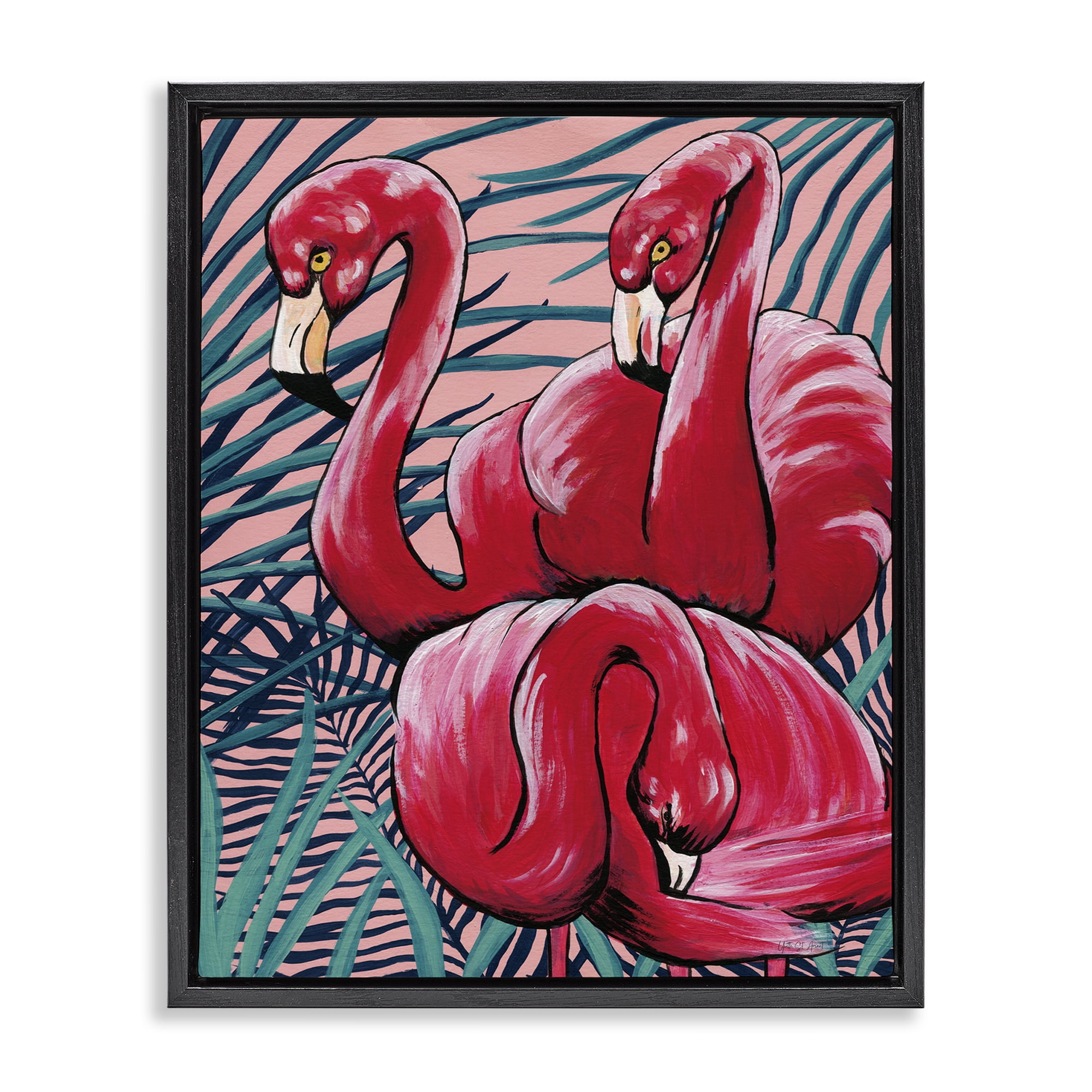 Stupell Industries Tropical Paradise Flamingos Animals Painting Black Floater Framed Canvas Art Print Wall Art, 25 x 31