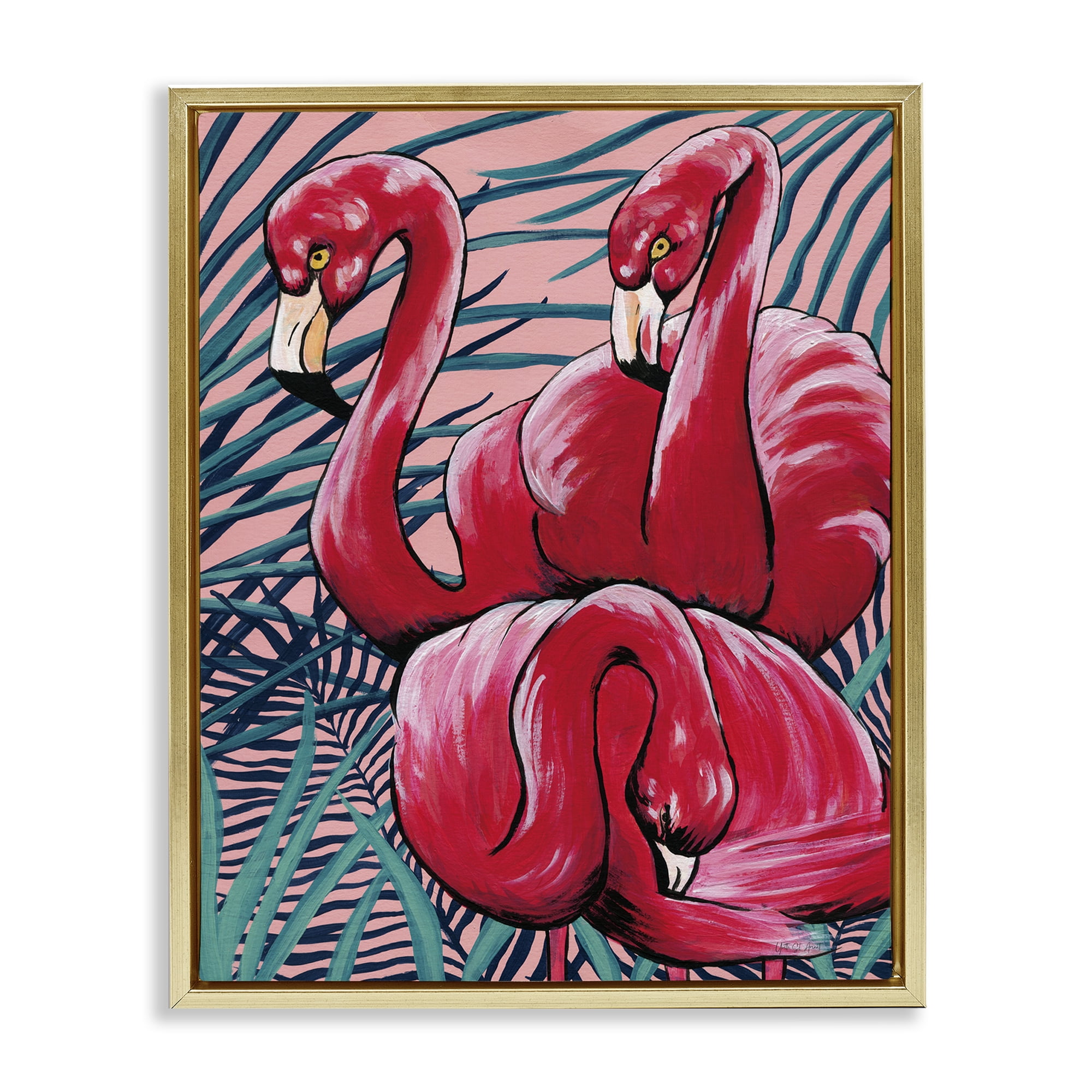 Stupell Industries Tropical Paradise Flamingos Animals Painting Gold Floater Framed Canvas Art Print Wall Art, 17 x 21