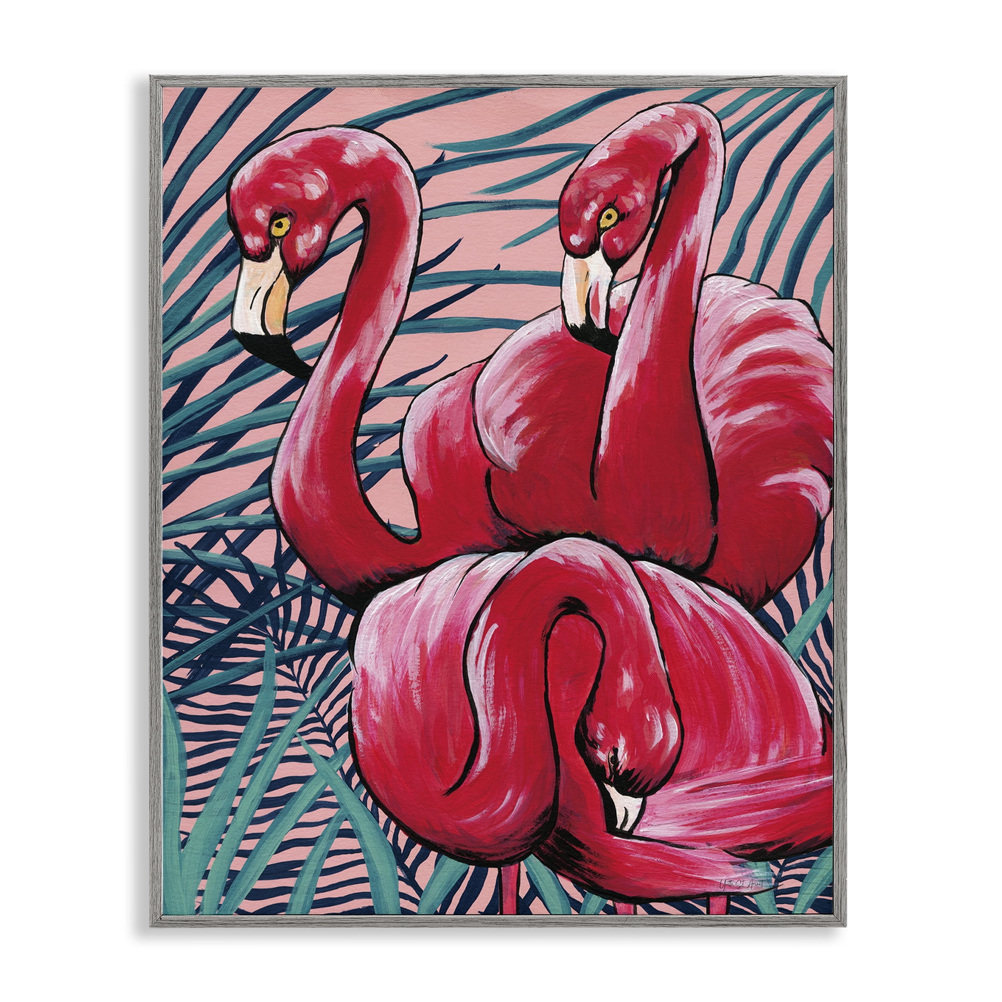 Stupell Industries Tropical Paradise Flamingos Animals Painting Gray Framed Art Print Wall Art, 11 x 14