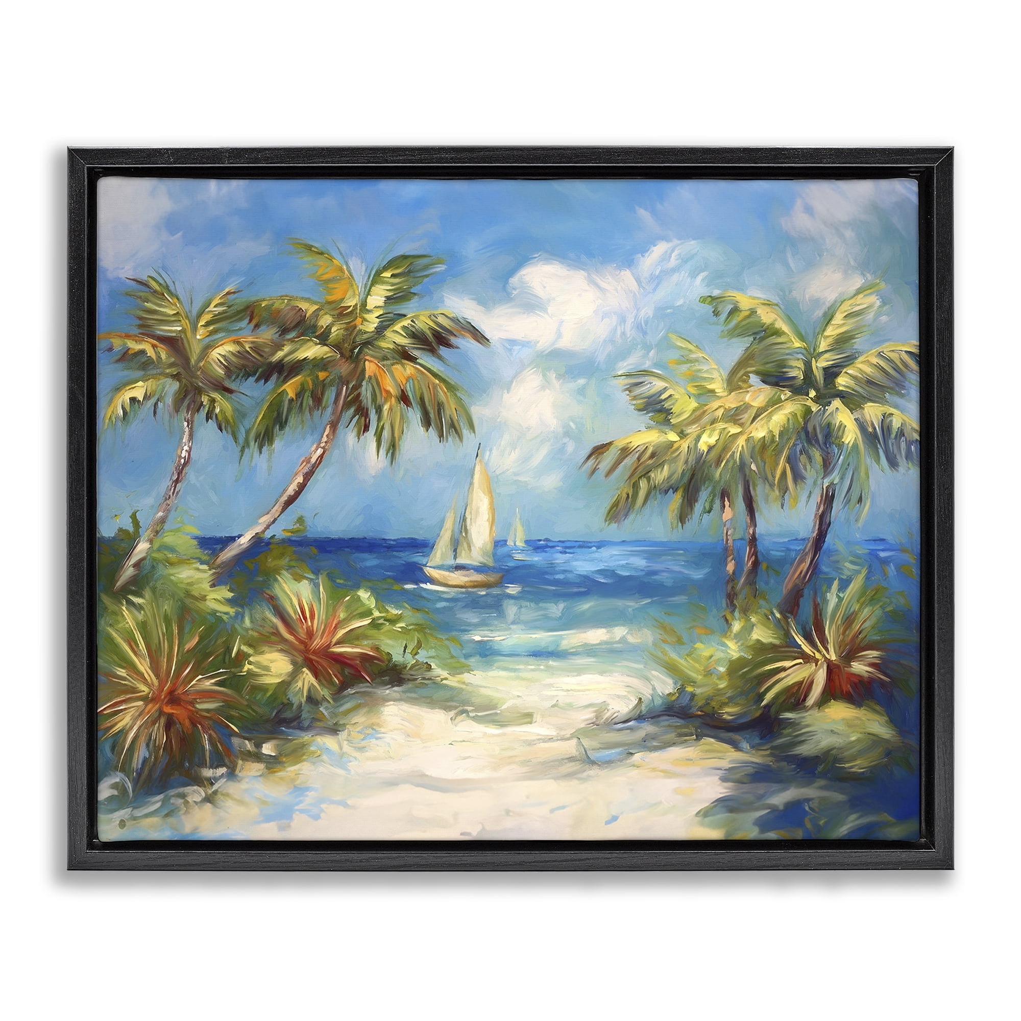 Stupell Industries Tropical Paradise Harbor Coastal Painting Black Floater Framed Canvas Art Print Wall Art, 31 x 25