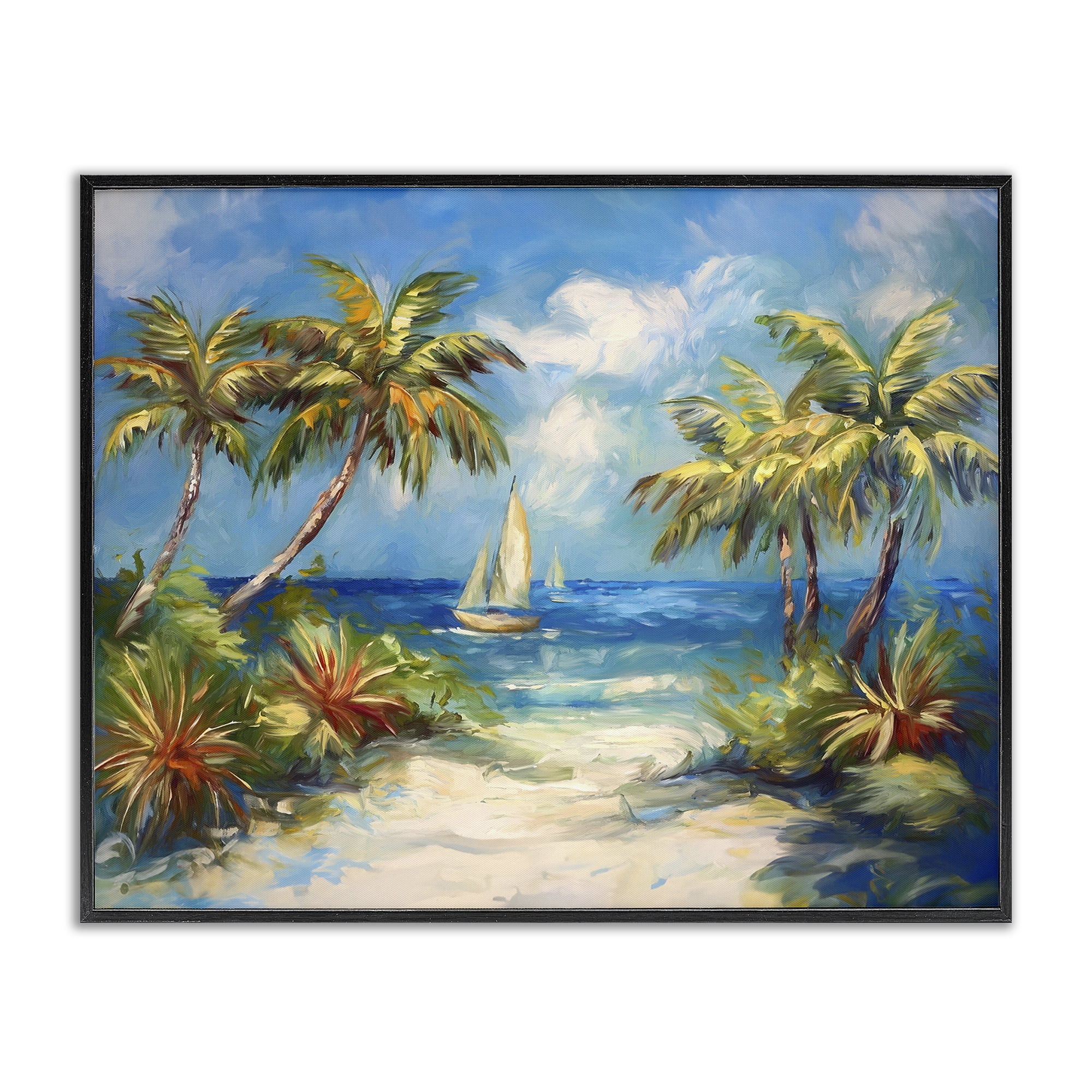 Stupell Industries Tropical Paradise Harbor Coastal Painting Black Framed Art Print Wall Art, 30 x 24
