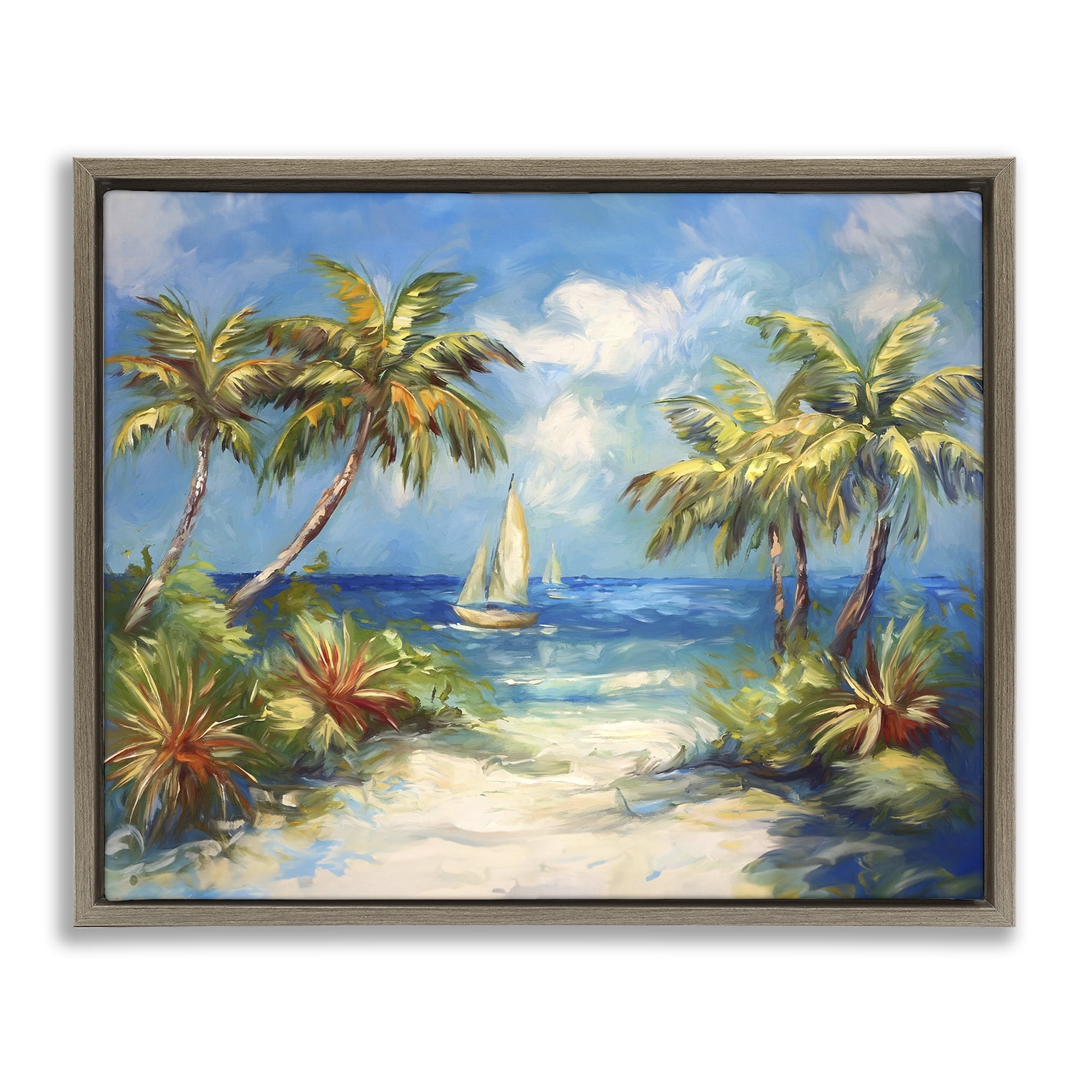 Stupell Industries Tropical Paradise Harbor Coastal Painting Brown Floater Framed Canvas Art Print Wall Art, 21 x 17