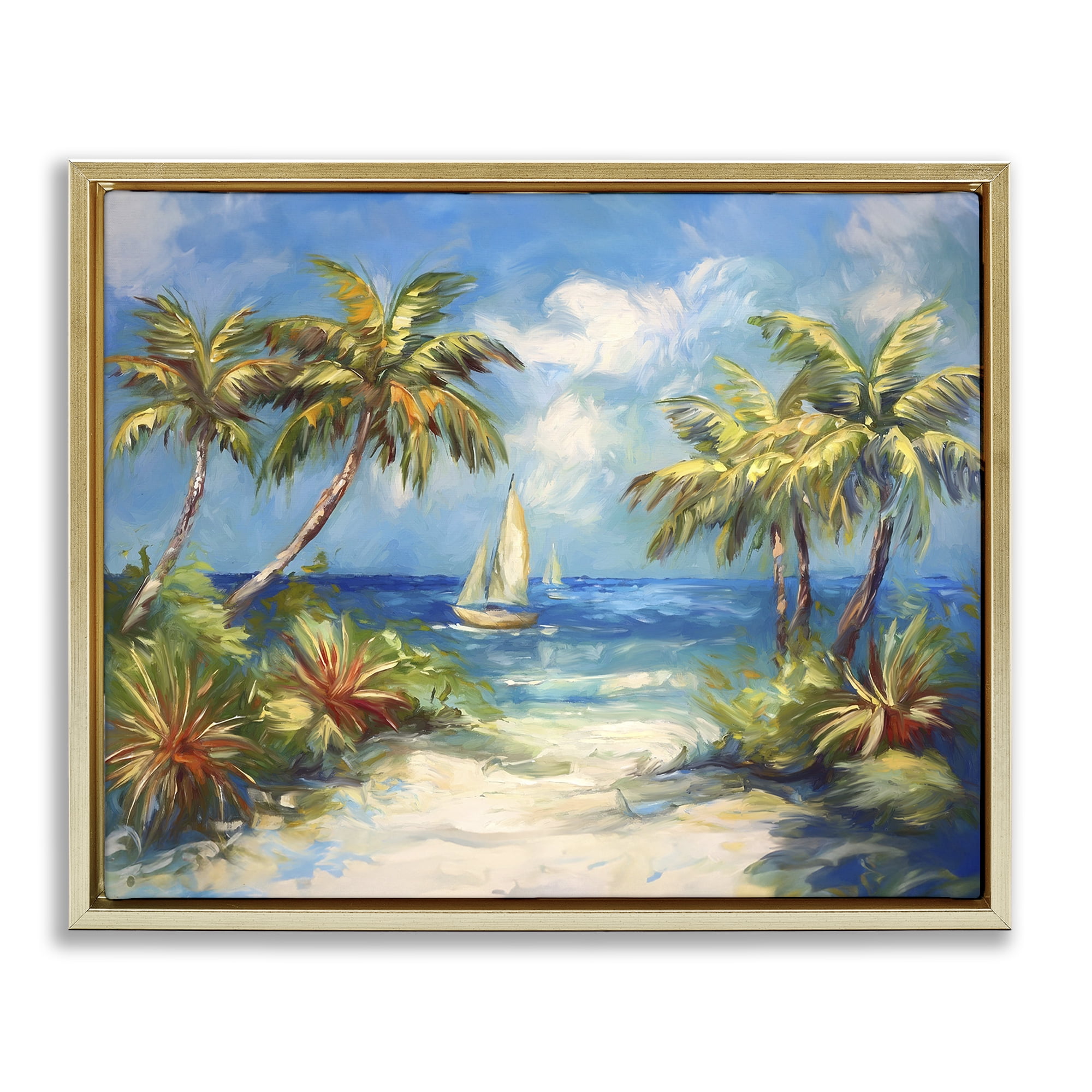 Stupell Industries Tropical Paradise Harbor Coastal Painting Gold Floater Framed Canvas Art Print Wall Art, 21 x 17