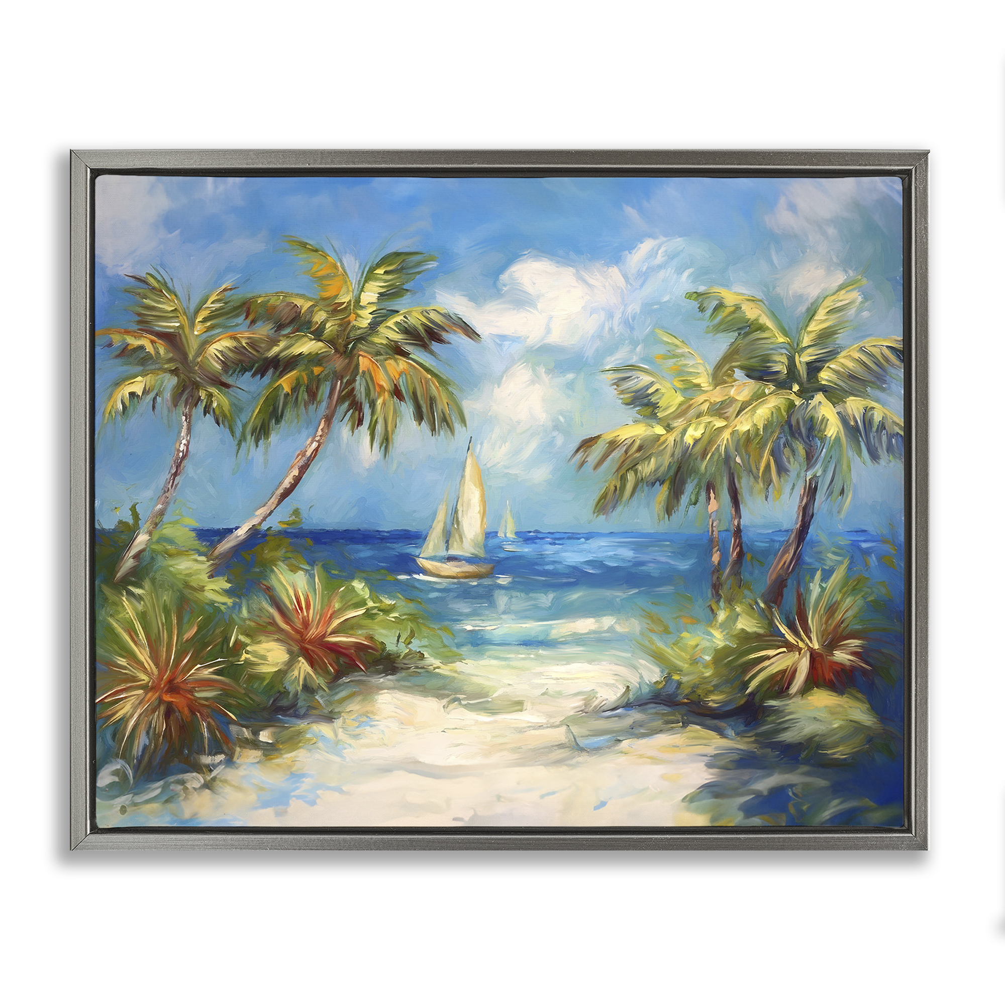 Stupell Industries Tropical Paradise Harbor Coastal Painting Gray Floater Framed Canvas Art Print Wall Art, 21 x 17