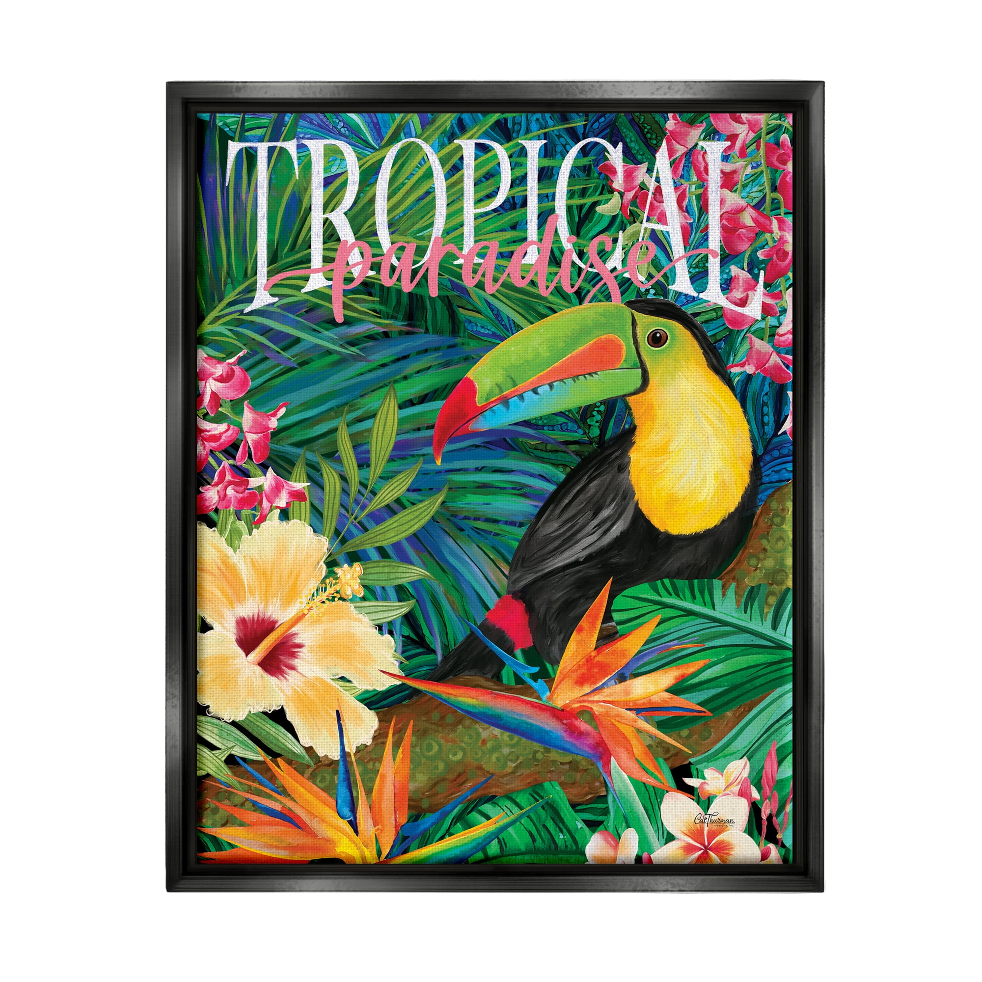Stupell Industries Tropical Paradise Toucan Animals & Insects Painting Black Floater Framed Art Print Wall Art, 17 x 21