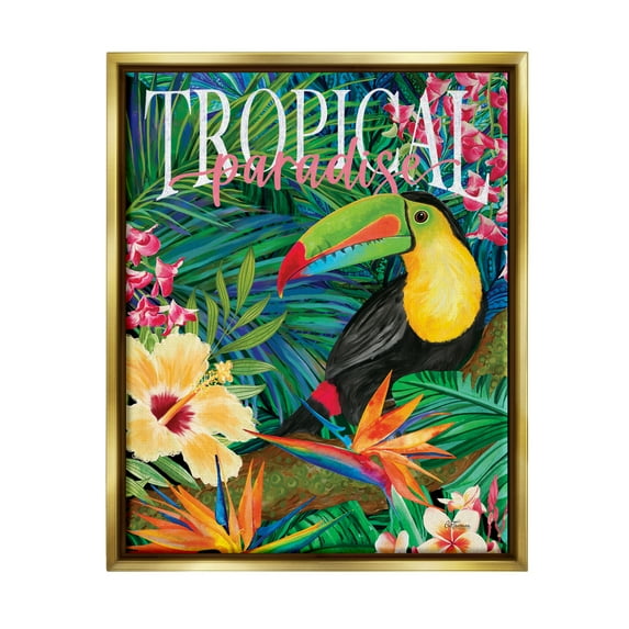 Stupell Industries Tropical Paradise Toucan Animals & Insects Painting Gold Floater Framed Art Print Wall Art, 17 x 21