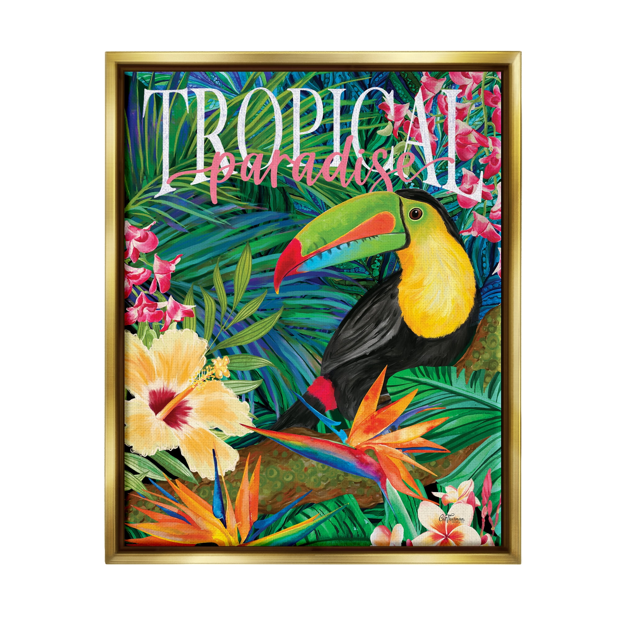 Stupell Industries Tropical Paradise Toucan Animals & Insects Painting Gold Floater Framed Art Print Wall Art, 25 x 31