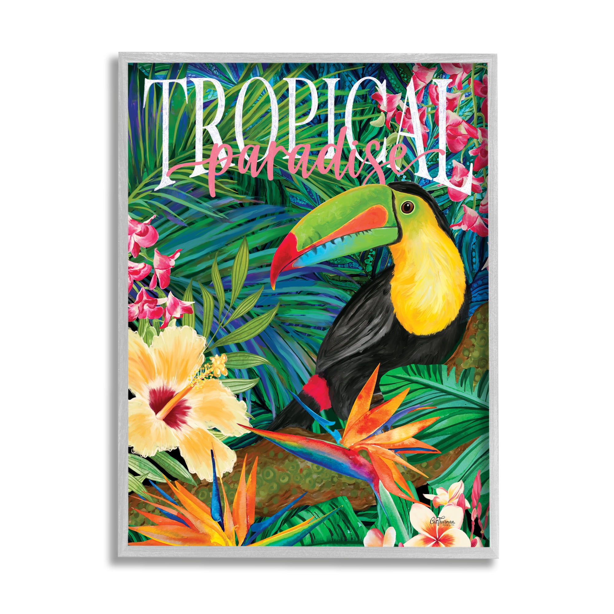 Stupell Industries Tropical Paradise Toucan Animals & Insects Painting Gray Framed Art Print Wall Art, 11 x 14