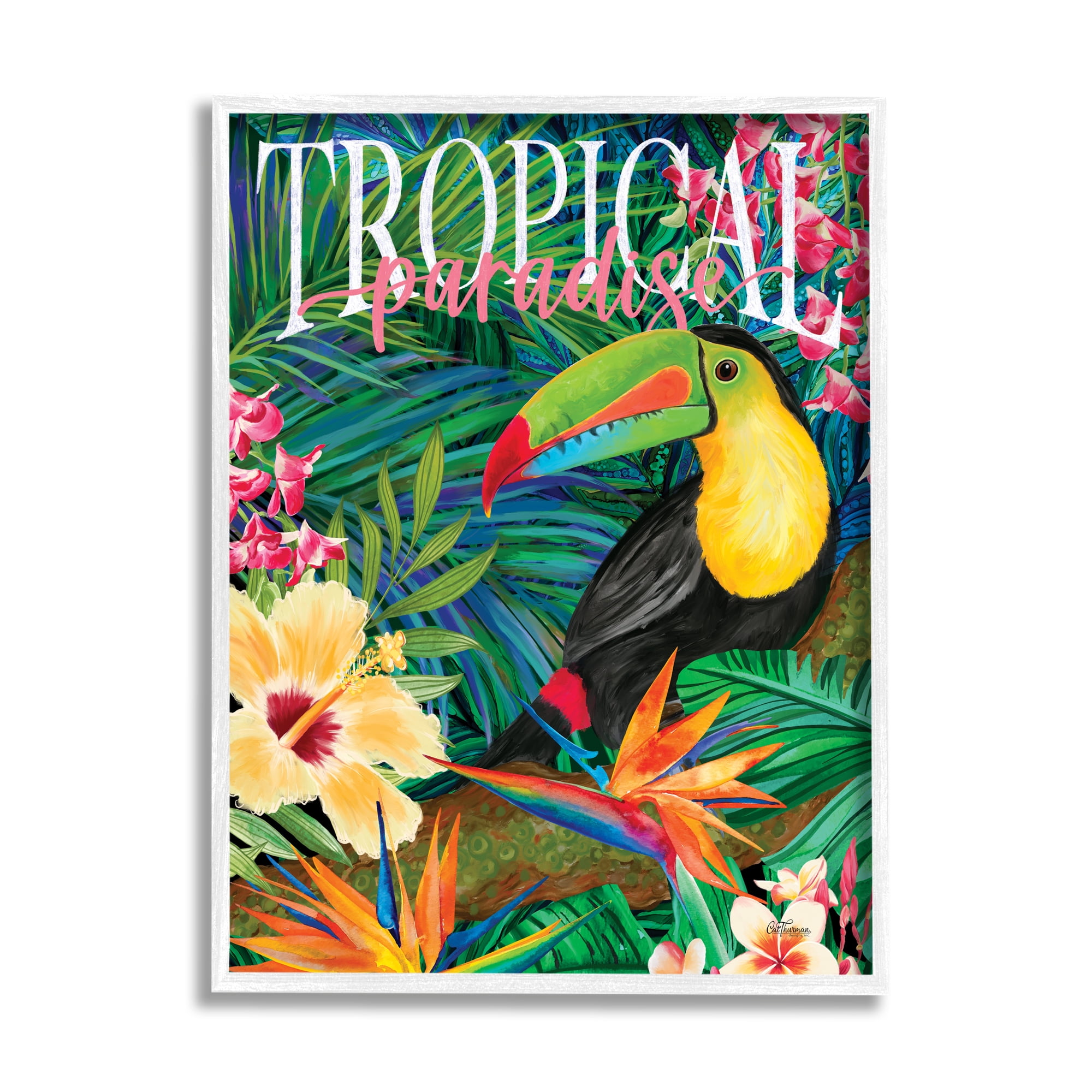 Stupell Industries Tropical Paradise Toucan Animals & Insects Painting White Framed Art Print Wall Art, 11 x 14