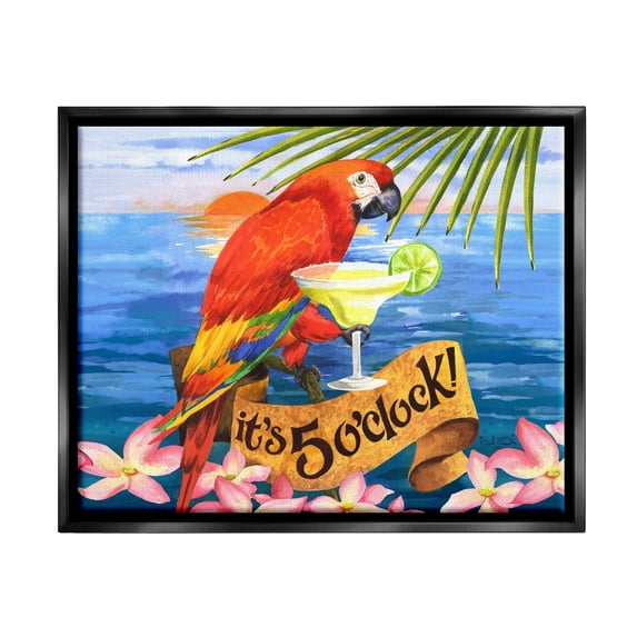 Stupell Industries Tropical Parrot with Cocktail Animals & Insects Painting Black Floater Framed Art Print Wall Art, 31 x 25