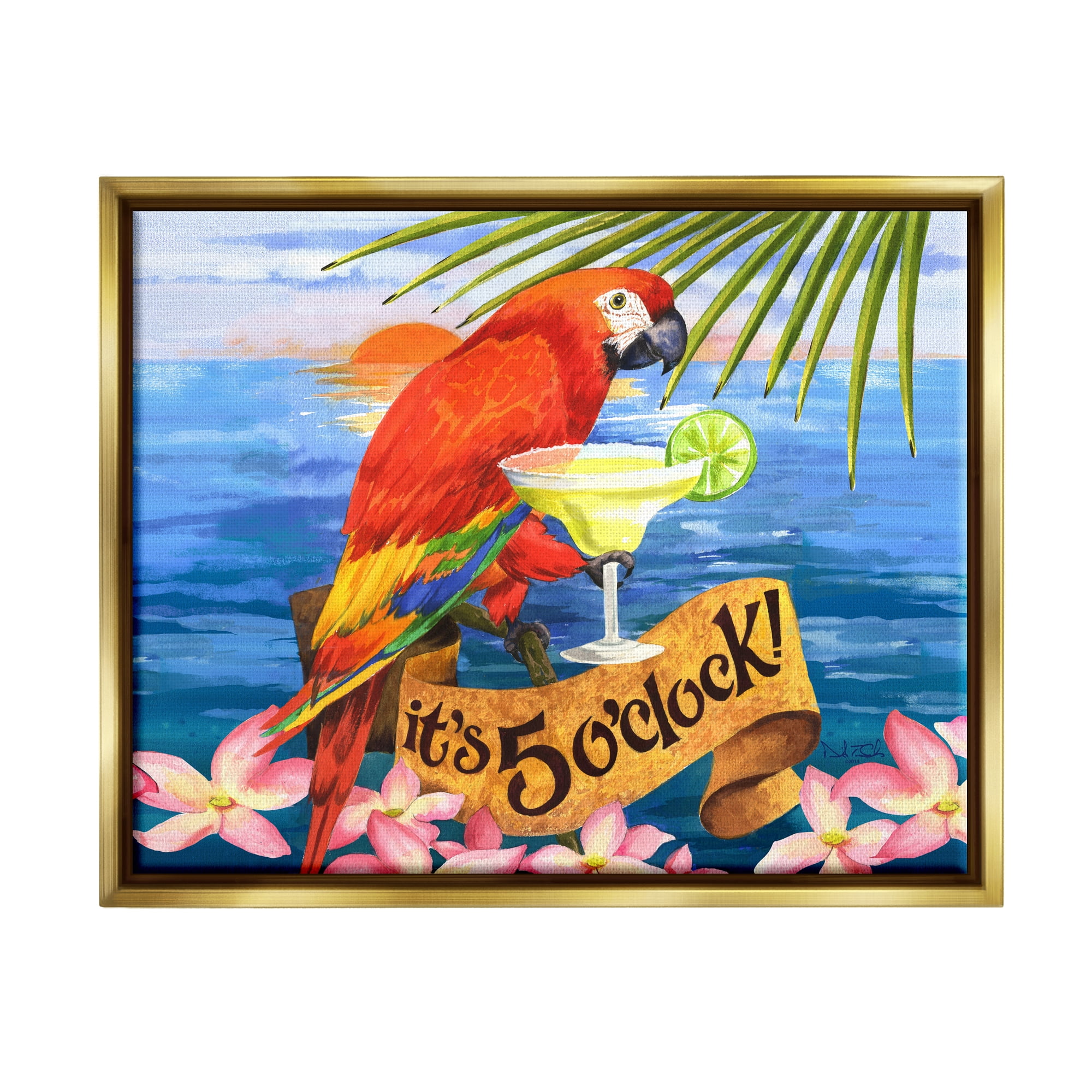 Stupell Industries Tropical Parrot with Cocktail Animals & Insects Painting Gold Floater Framed Art Print Wall Art, 21 x 17