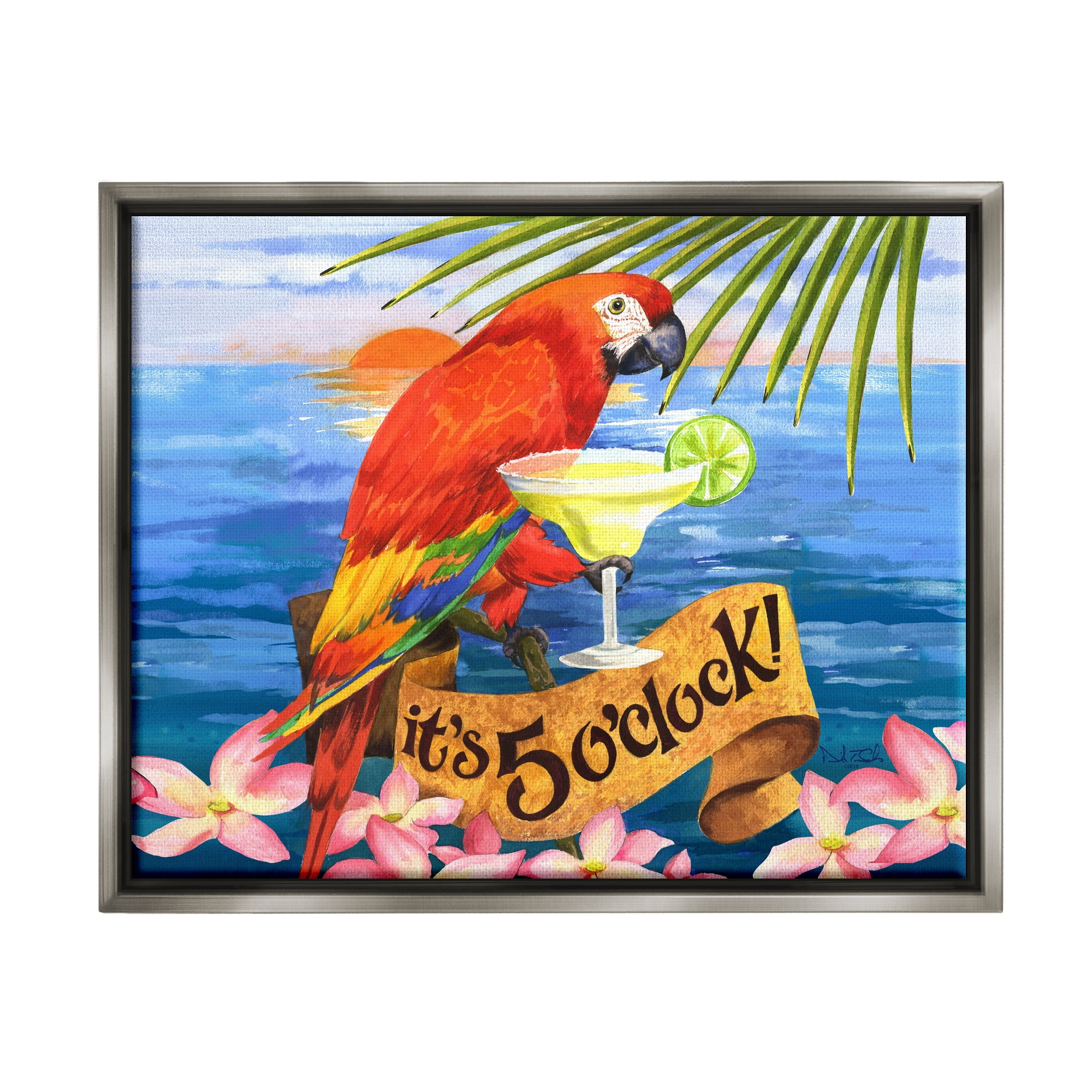 Stupell Industries Tropical Parrot with Cocktail Animals & Insects Painting Gray Floater Framed Art Print Wall Art, 31 x 25