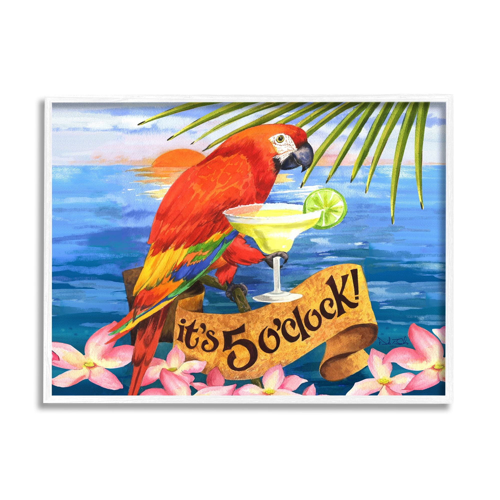 Stupell Industries Tropical Parrot with Cocktail Animals & Insects Painting White Framed Art Print Wall Art, 14 x 11