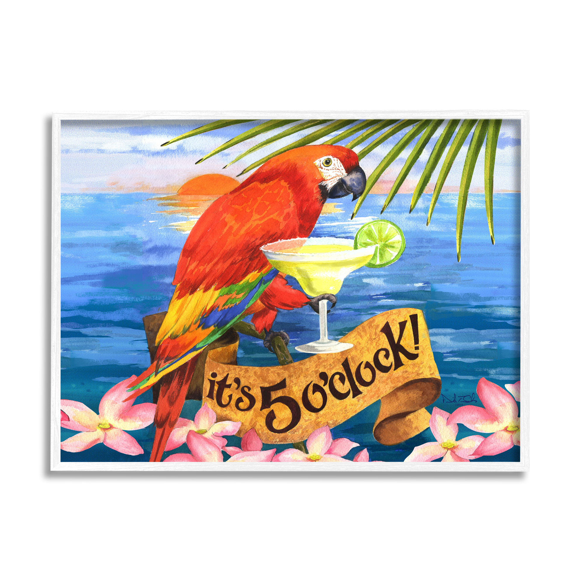 Stupell Industries Tropical Parrot with Cocktail Animals & Insects Painting White Framed Art Print Wall Art, 20 x 16