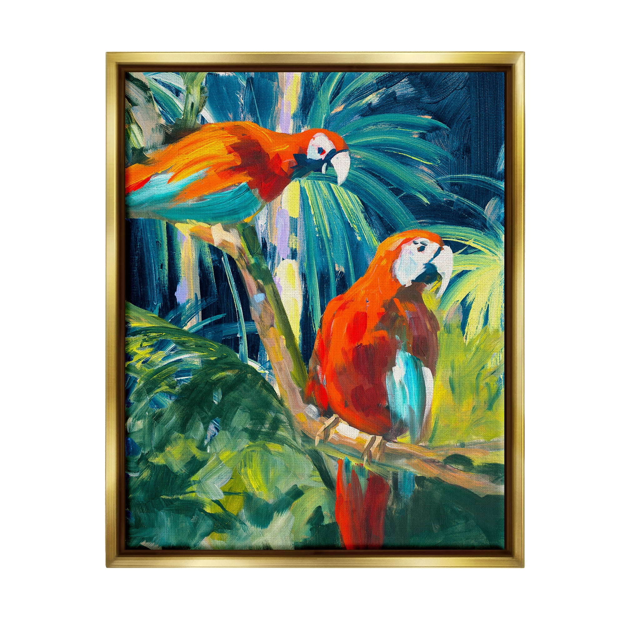 Stupell Industries Tropical Parrots in Jungle Animals & Insects Painting Gold Floater Framed Art Print Wall Art, 25 x 31