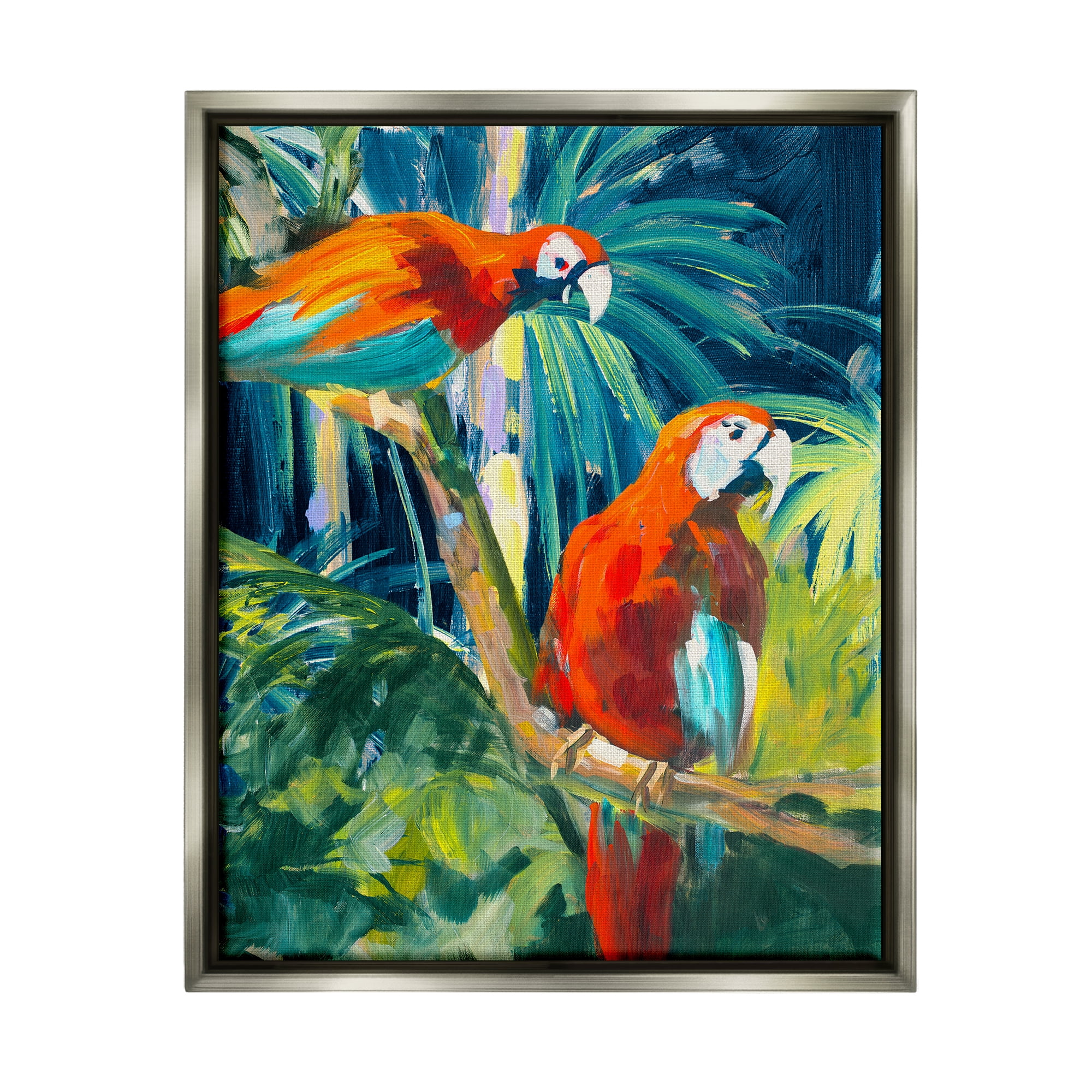 Tropical Parrots Jungle Print on Canvas with Gray Frame