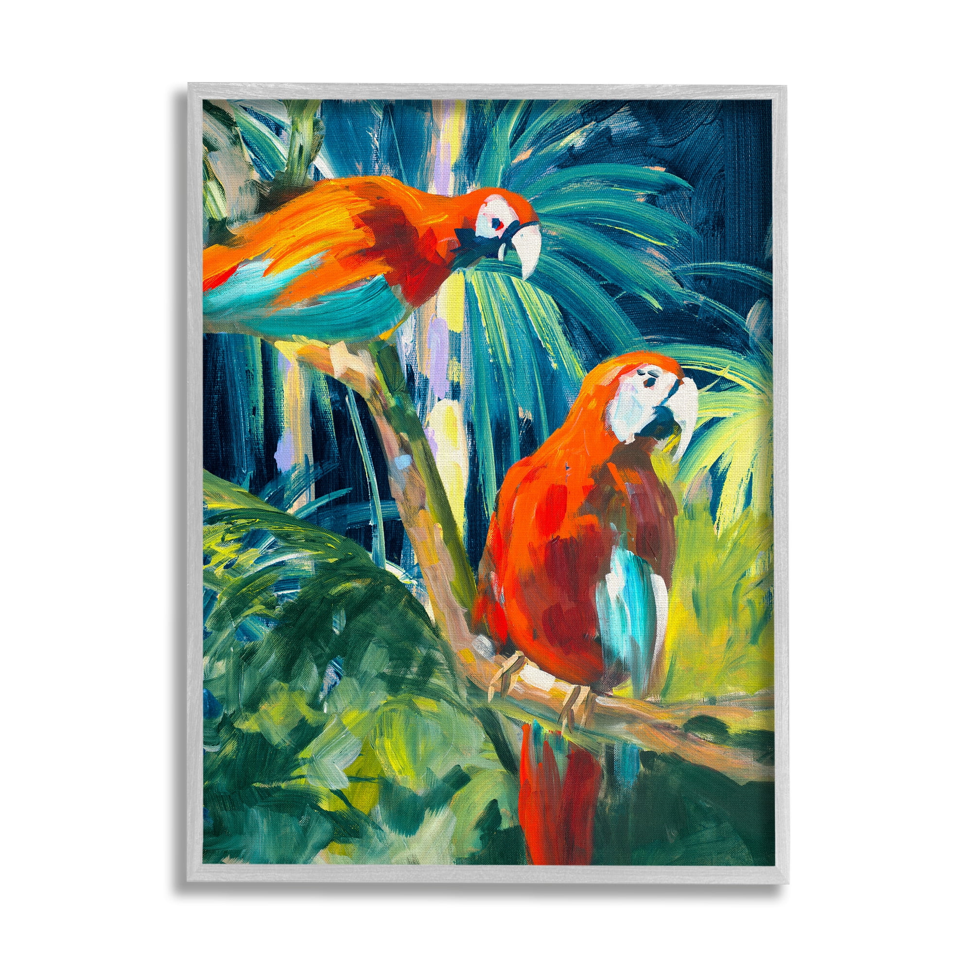 Tropical Parrots Jungle Print on Canvas with Gray Frame, 11 x 14
